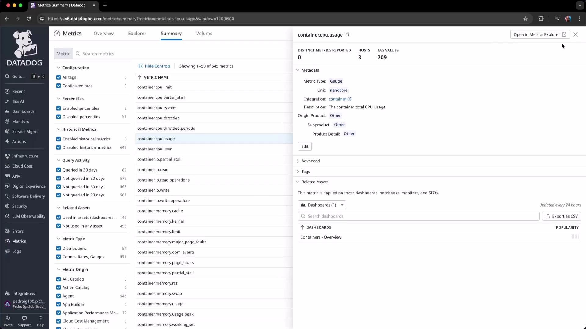 This image shows a Datadog Metrics Summary page displaying container CPU usage metrics and related configuration details. It includes information about metric types, historical metrics, and related dashboards.
