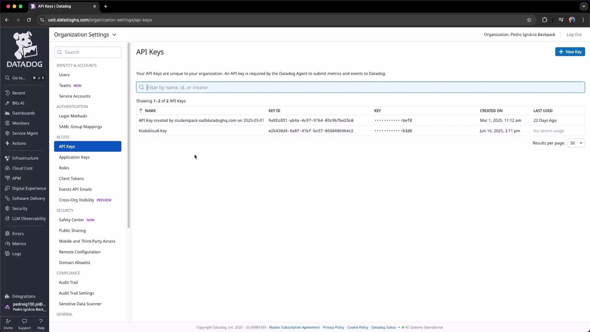 The image shows a Datadog API Keys management interface, displaying a list of API keys with details such as name, key ID, creation date, and last usage.