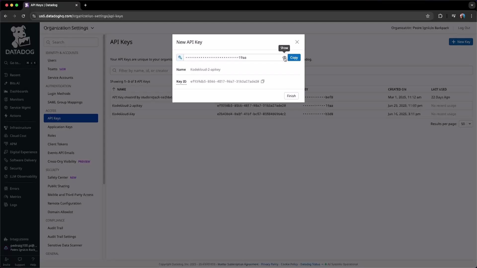 The image shows a Datadog API Keys settings page with a pop-up window displaying the creation of a new API key named "Kodekloud-2-apikey."