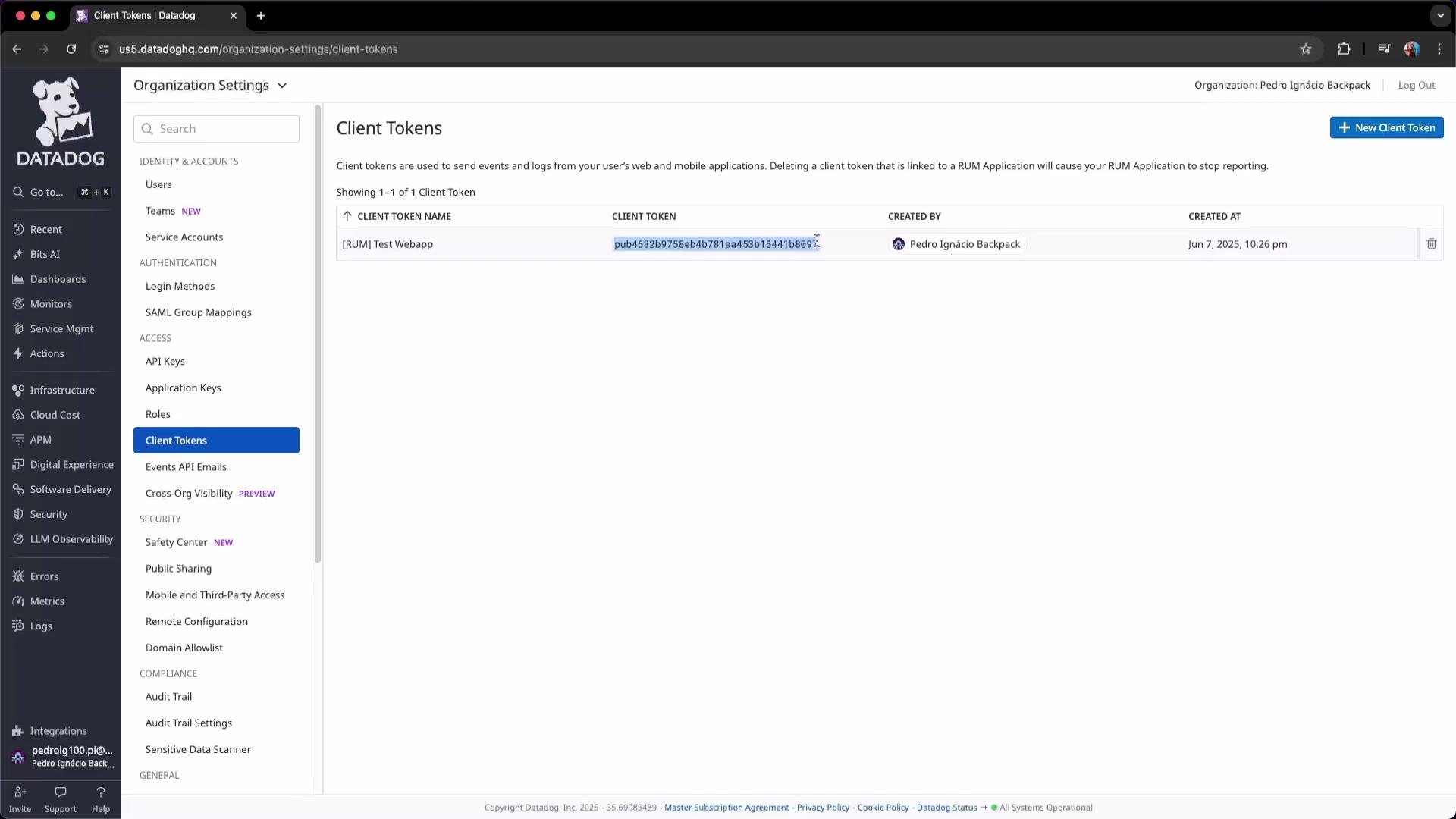 The image shows a Datadog client token management screen, listing details of a client token, including its name, creator, and creation date.