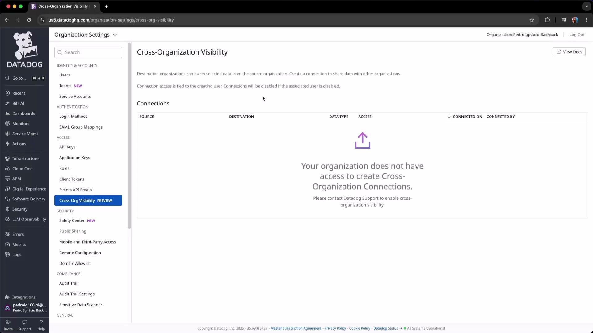 The image shows a Datadog interface for Cross-Organization Visibility settings, indicating that the organization does not have access to create cross-organization connections.