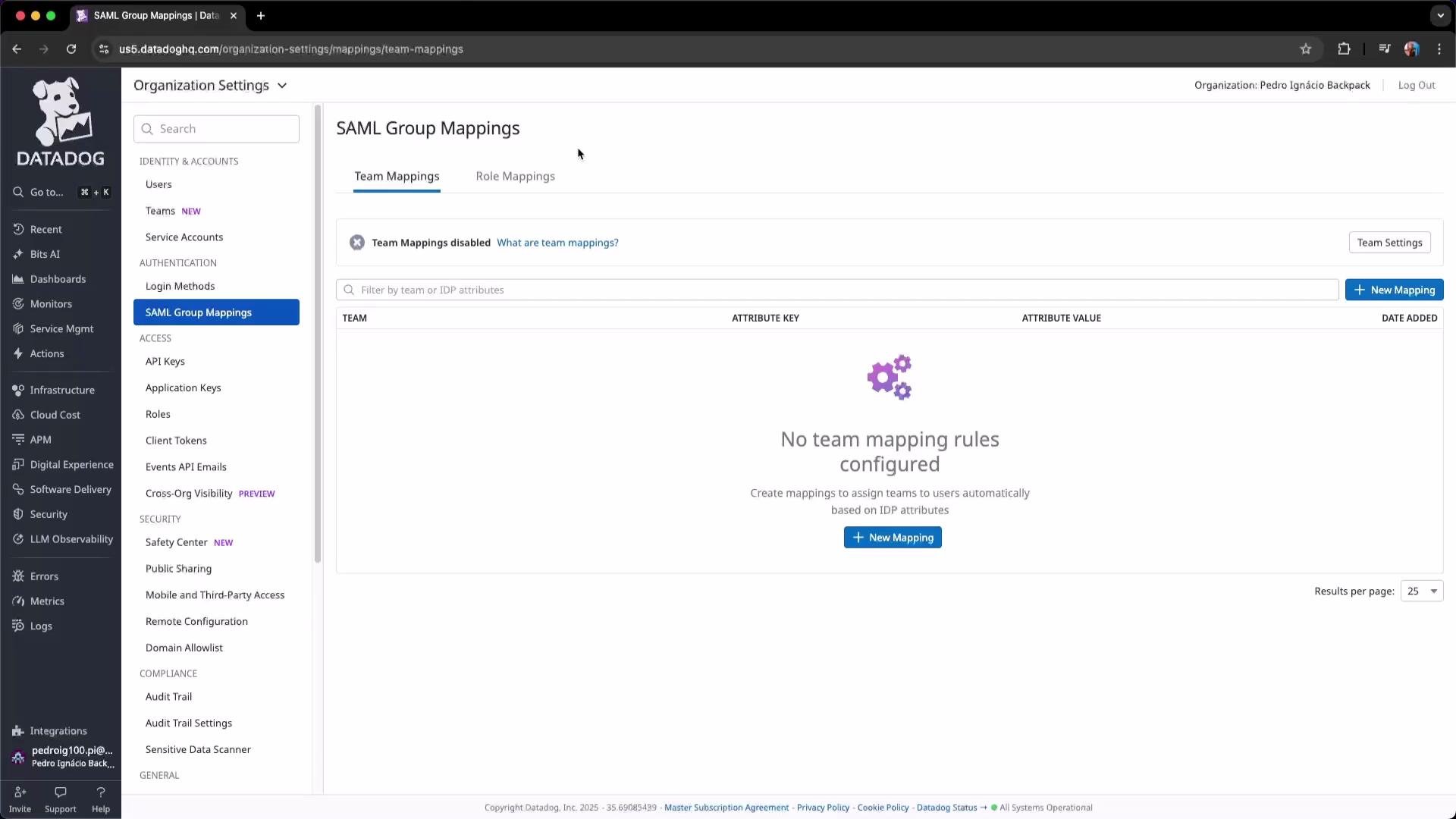 The image shows a Datadog dashboard screen for SAML Group Mappings, with the message "No team mapping rules configured" and options to create new mappings. There is a navigation menu on the left with various settings options.