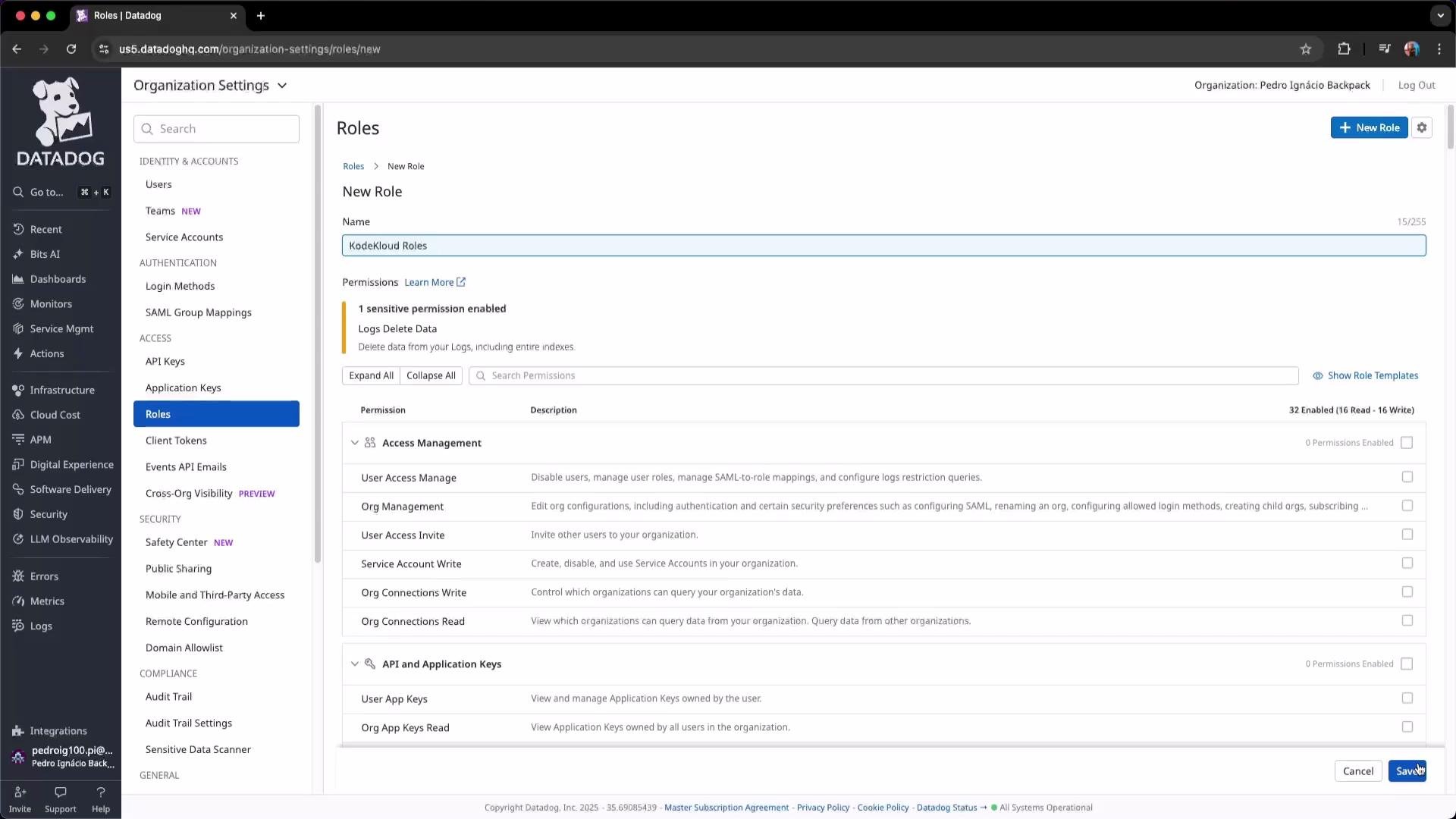 The image shows a web interface for creating a new role in Datadog, displaying options for setting permissions and access management. It includes sections for roles, new role creation, and relevant user and API permissions.