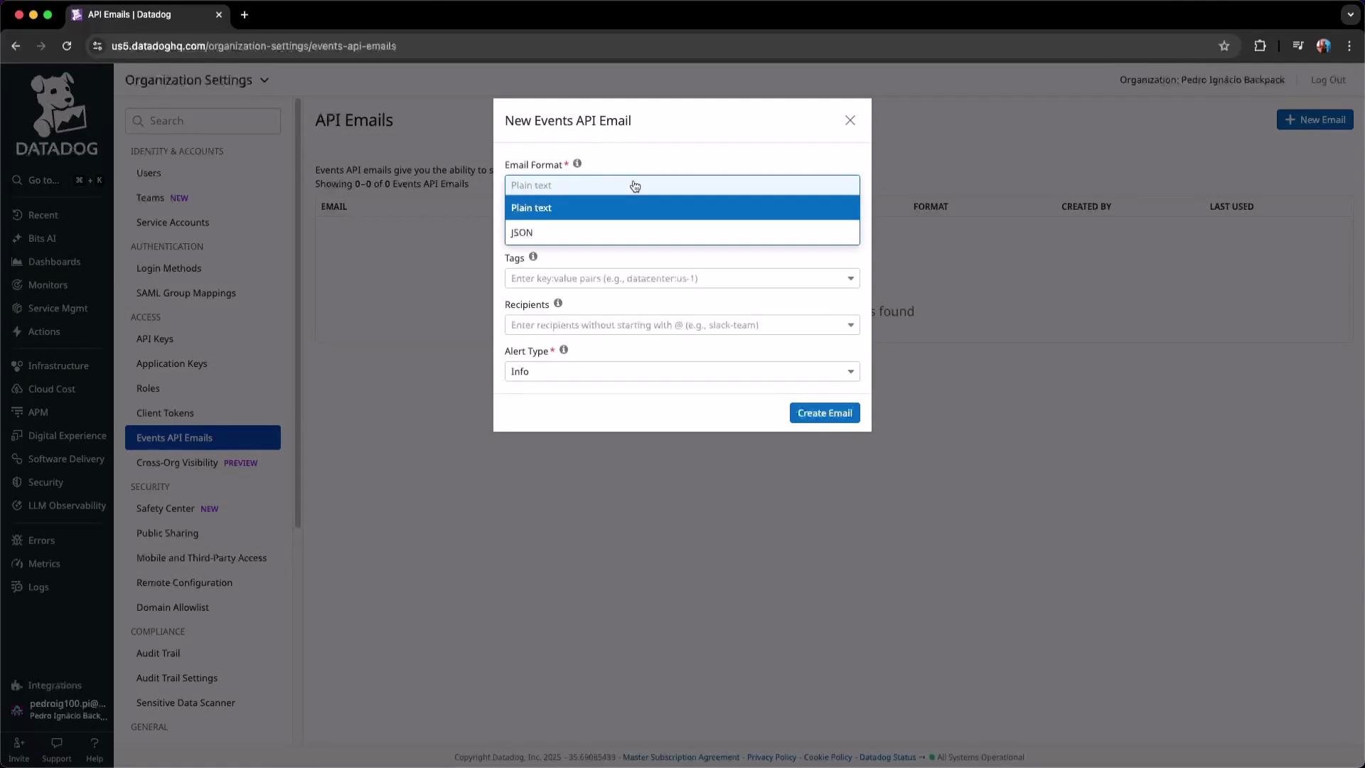 The image shows a Datadog organization settings interface, specifically for creating a new "Events API Email," with options for email format, tags, recipients, and alert type.