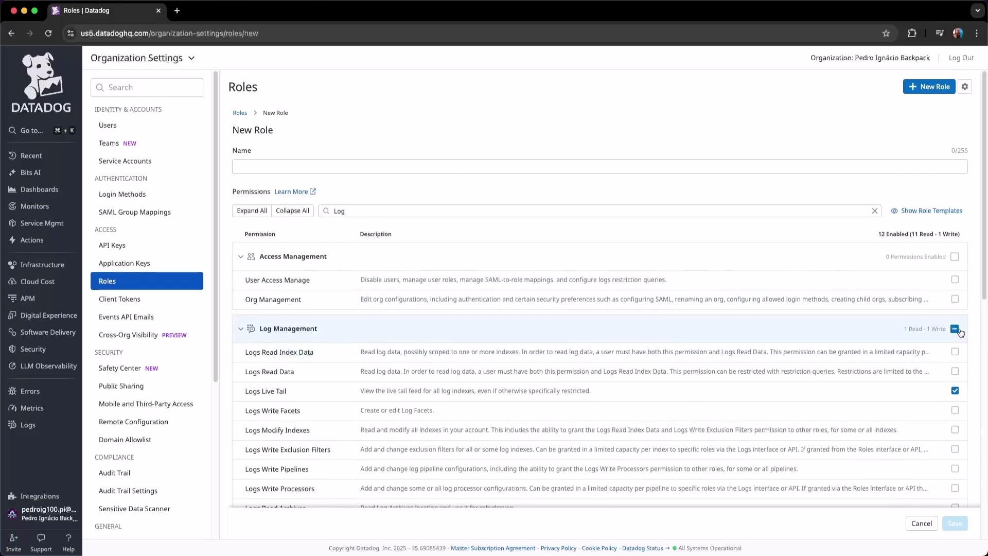 The image shows a Datadog interface with a focus on organization settings, specifically the "Roles" section where permissions for a new role are being configured. The UI displays various management and log-related permissions.