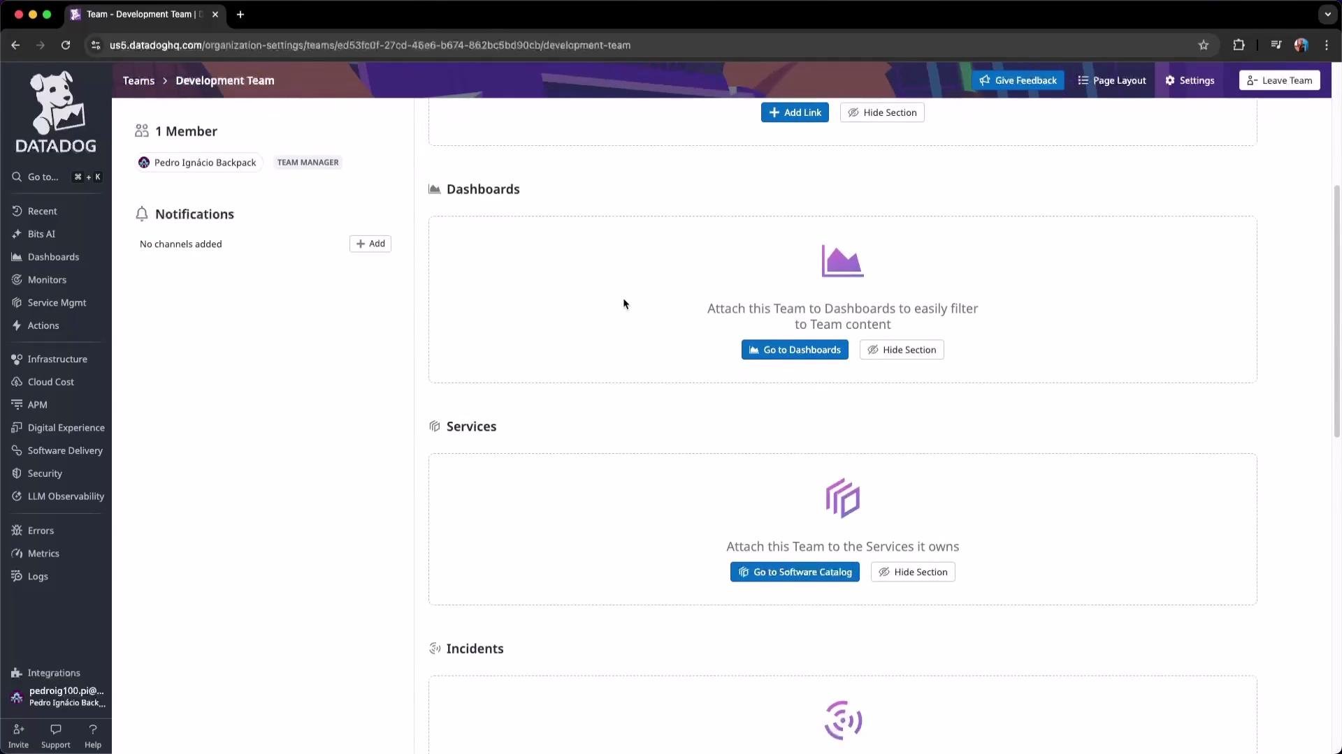 The image shows a web dashboard interface of a team management tool called Datadog, displaying sections for dashboards, services, and incidents, with options to attach the team to these areas.