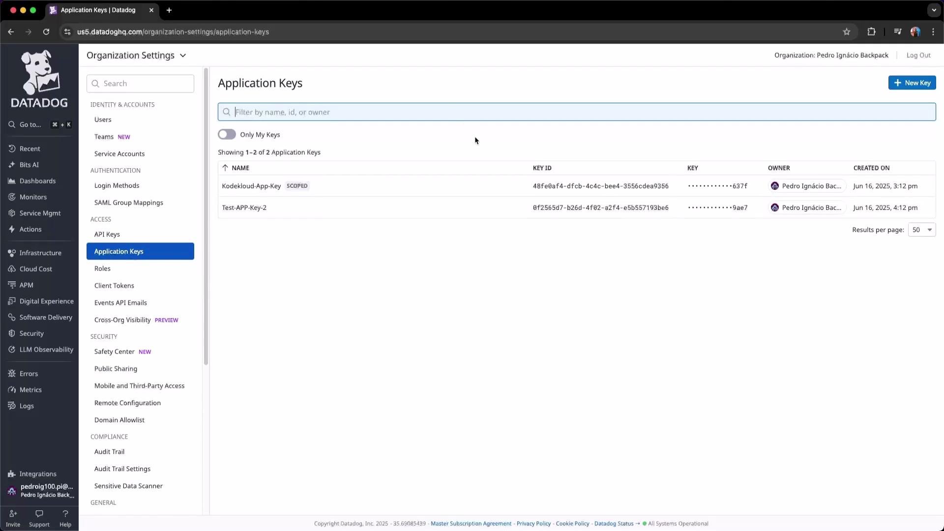 The image shows a Datadog web application interface displaying a list of application keys, with options to filter and view details about each key.