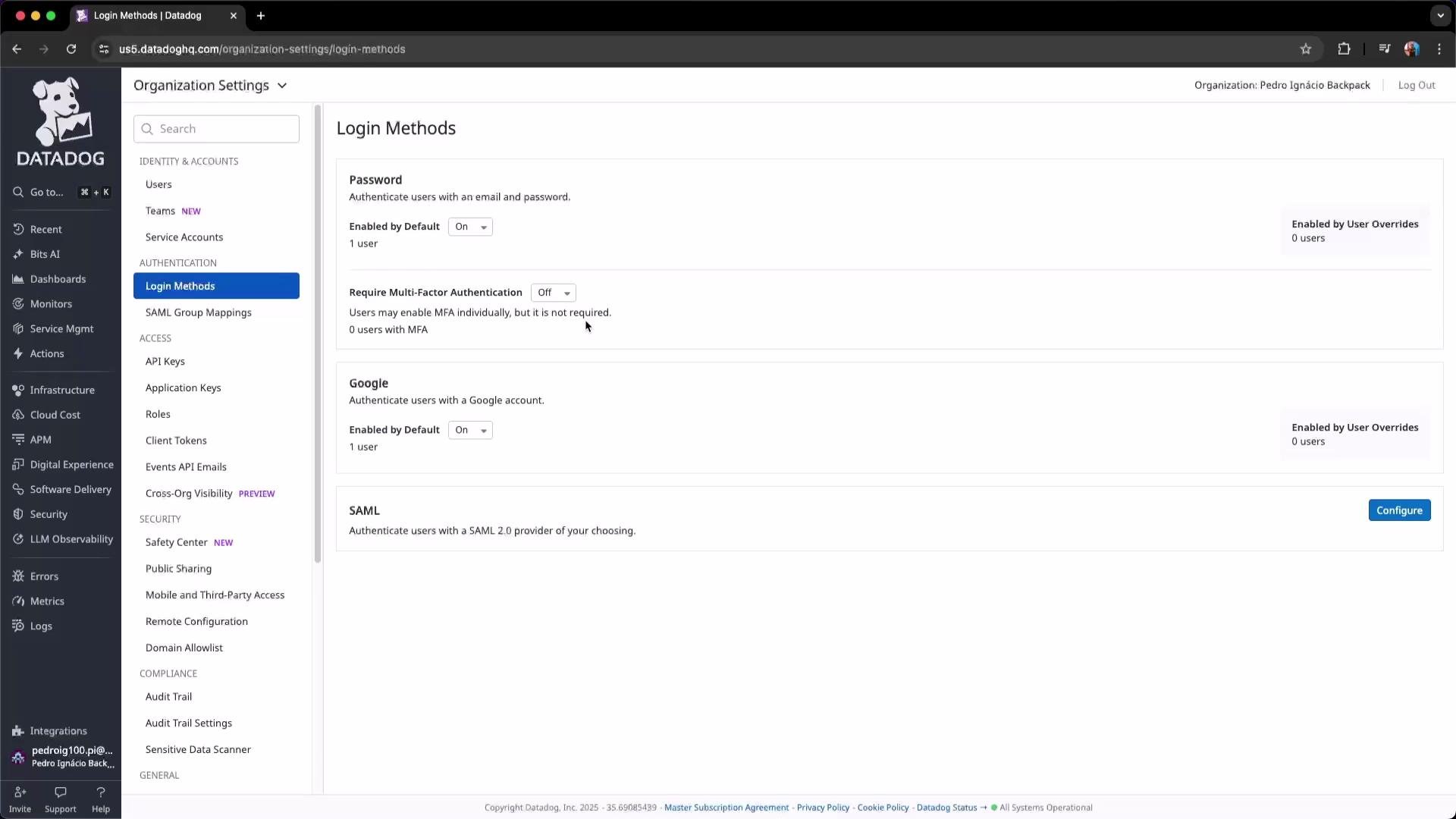 The image shows the "Login Methods" settings page from the Datadog dashboard, detailing authentication options like password, Google, and SAML, along with multi-factor authentication settings.