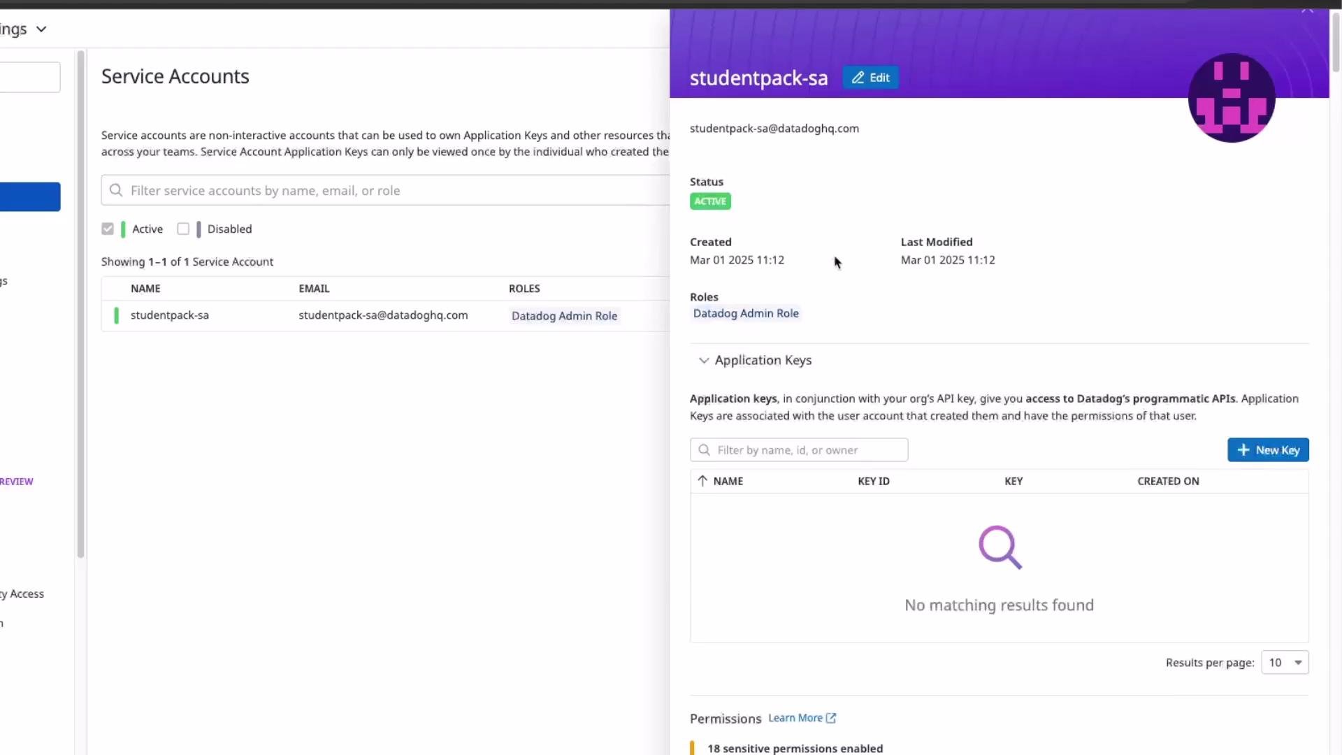 This image shows a dashboard interface for managing service accounts, specifically displaying details and settings for a service account within a system, including its email, status, and roles.