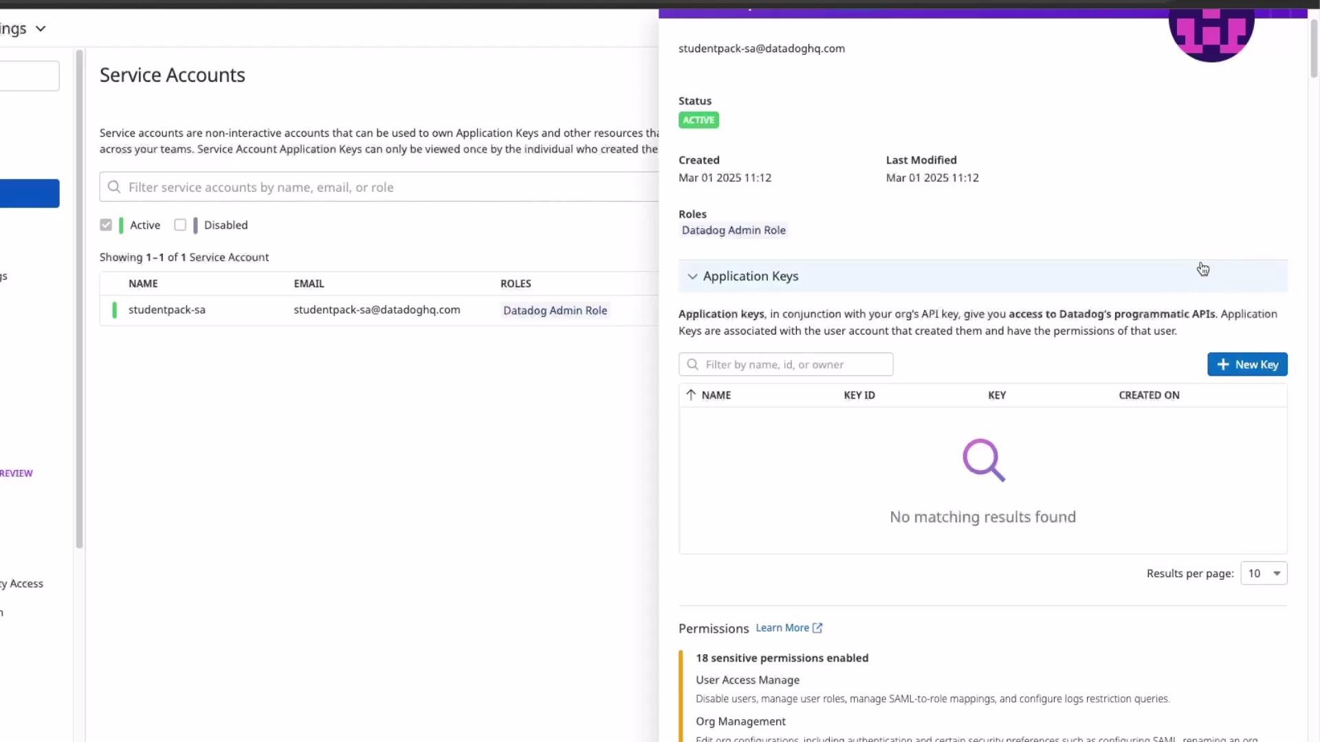 The image displays a screenshot of a service account management interface with details about a specific account, including its name, email, and role. It also shows options for application keys and permissions associated with the service account.