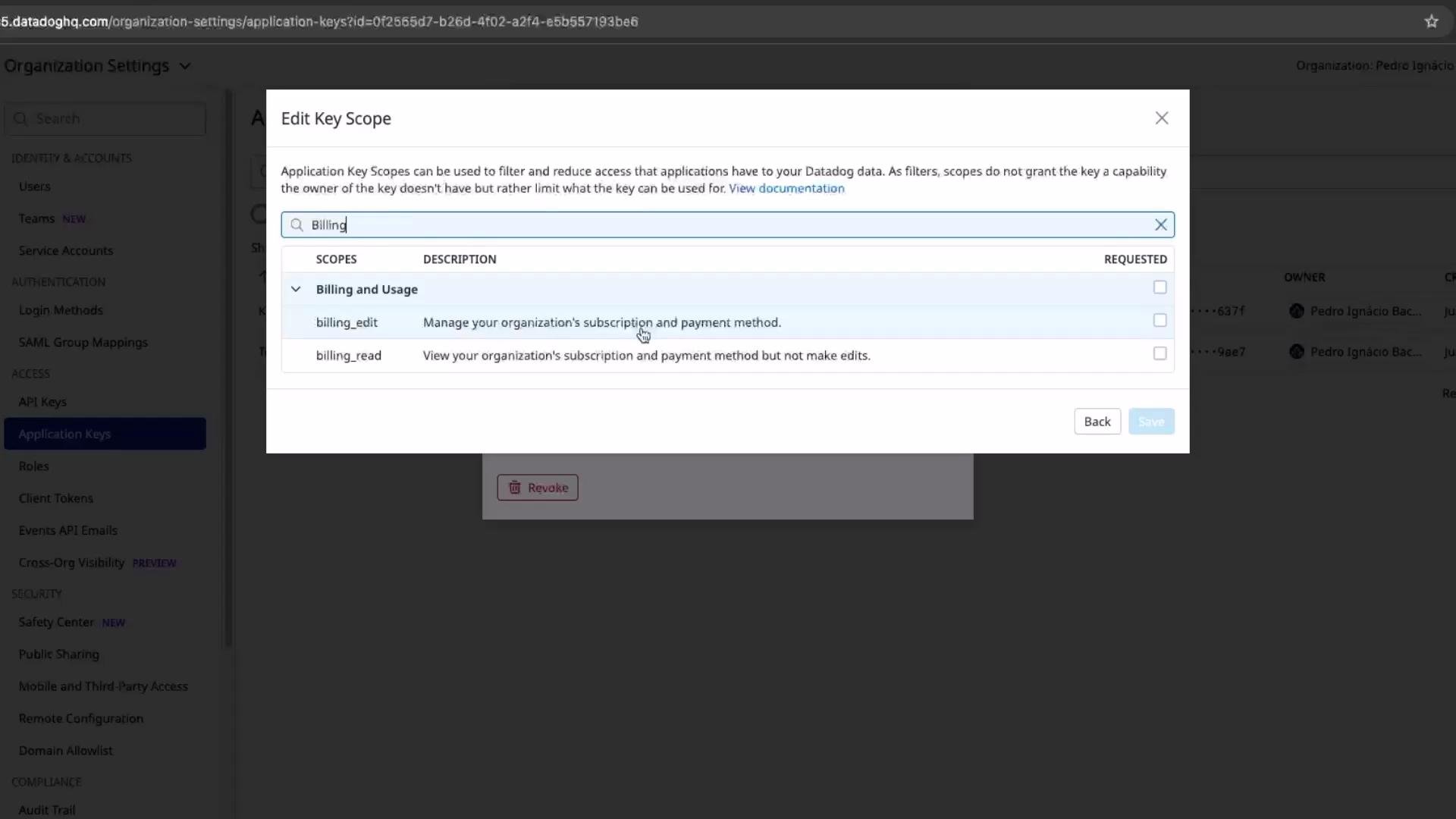 The image shows a software interface for editing key scopes, specifically related to billing and usage permissions in an application setting. Options include managing and viewing a subscription and payment method.