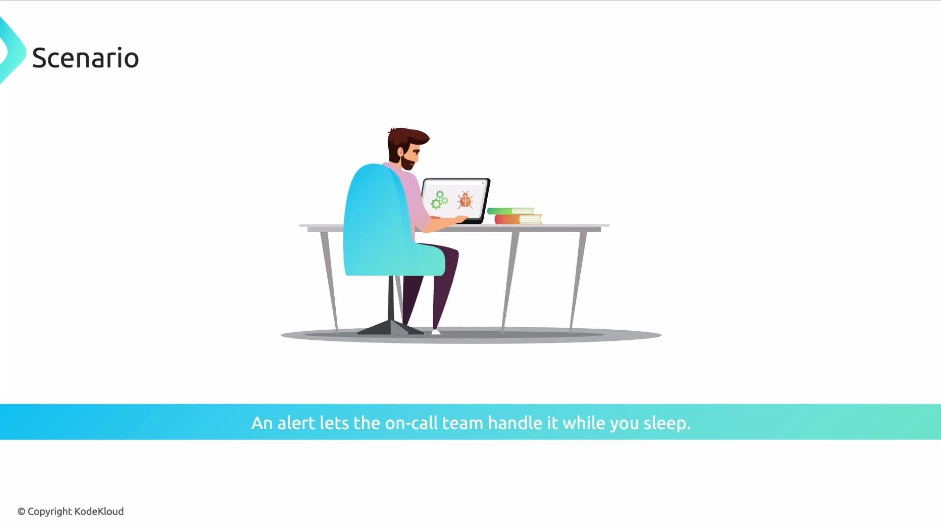 The image shows a person sitting at a desk, working on a computer displaying bug icons, with a caption about alerts handling issues.