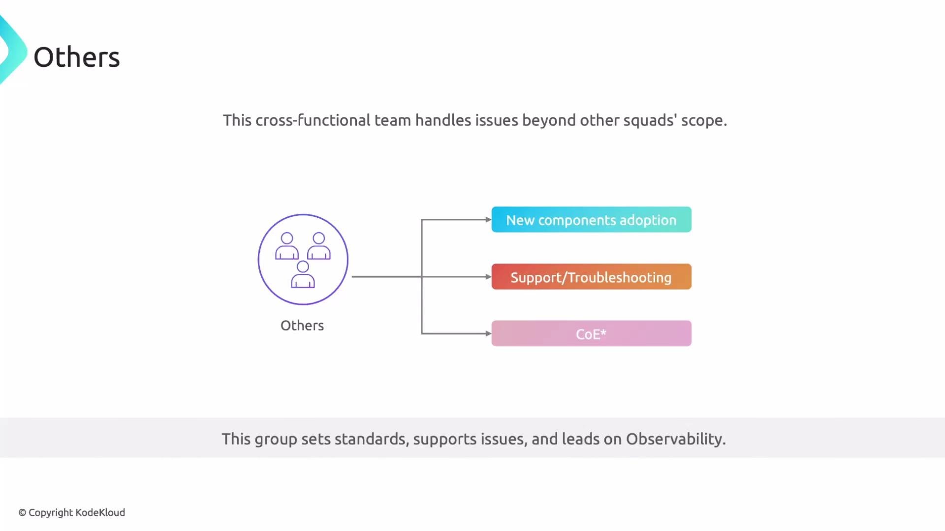 The image is a diagram describing a cross-functional team's role, handling issues beyond other squads' scope, focusing on new components adoption, support/troubleshooting, and a Center of Excellence (CoE). The group also sets standards, supports issues, and leads on observability.