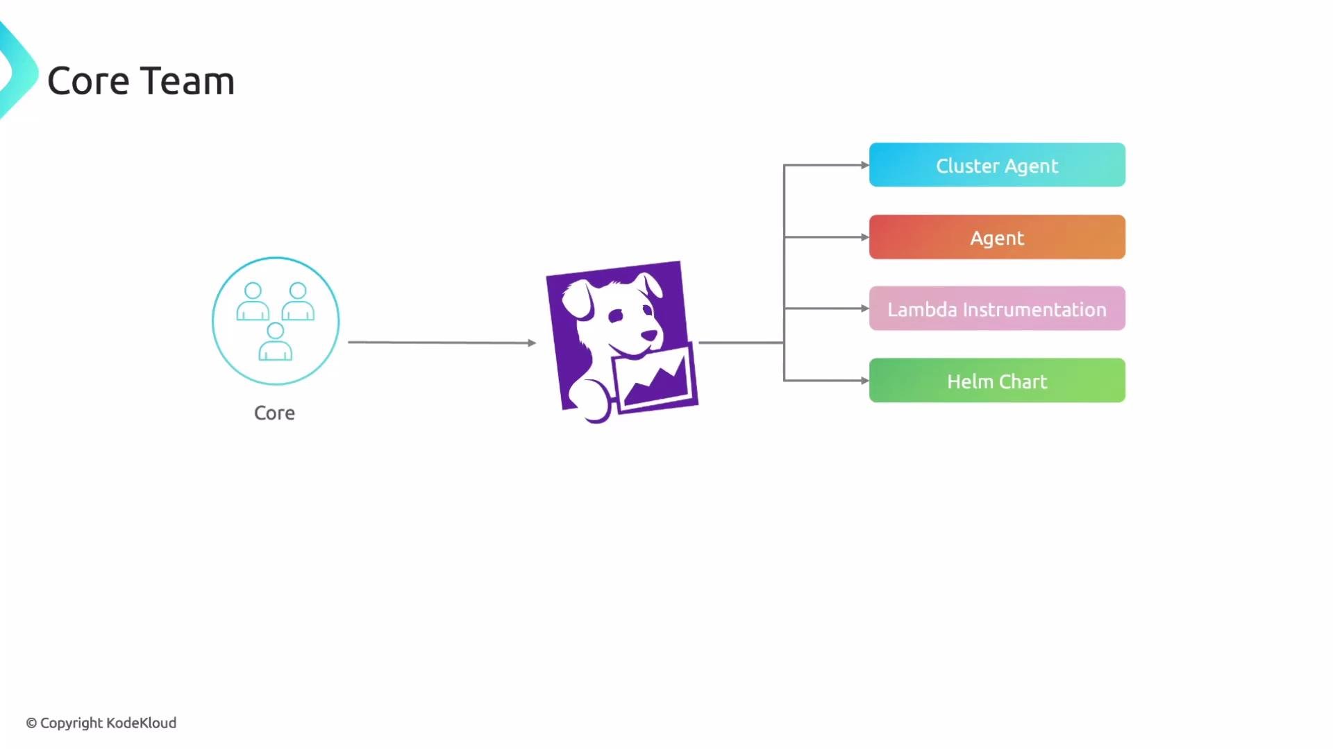 The image shows an organizational chart linking a "Core Team" to a software logo, which is connected to components like "Cluster Agent," "Agent," "Lambda Instrumentation," and "Helm Chart."
