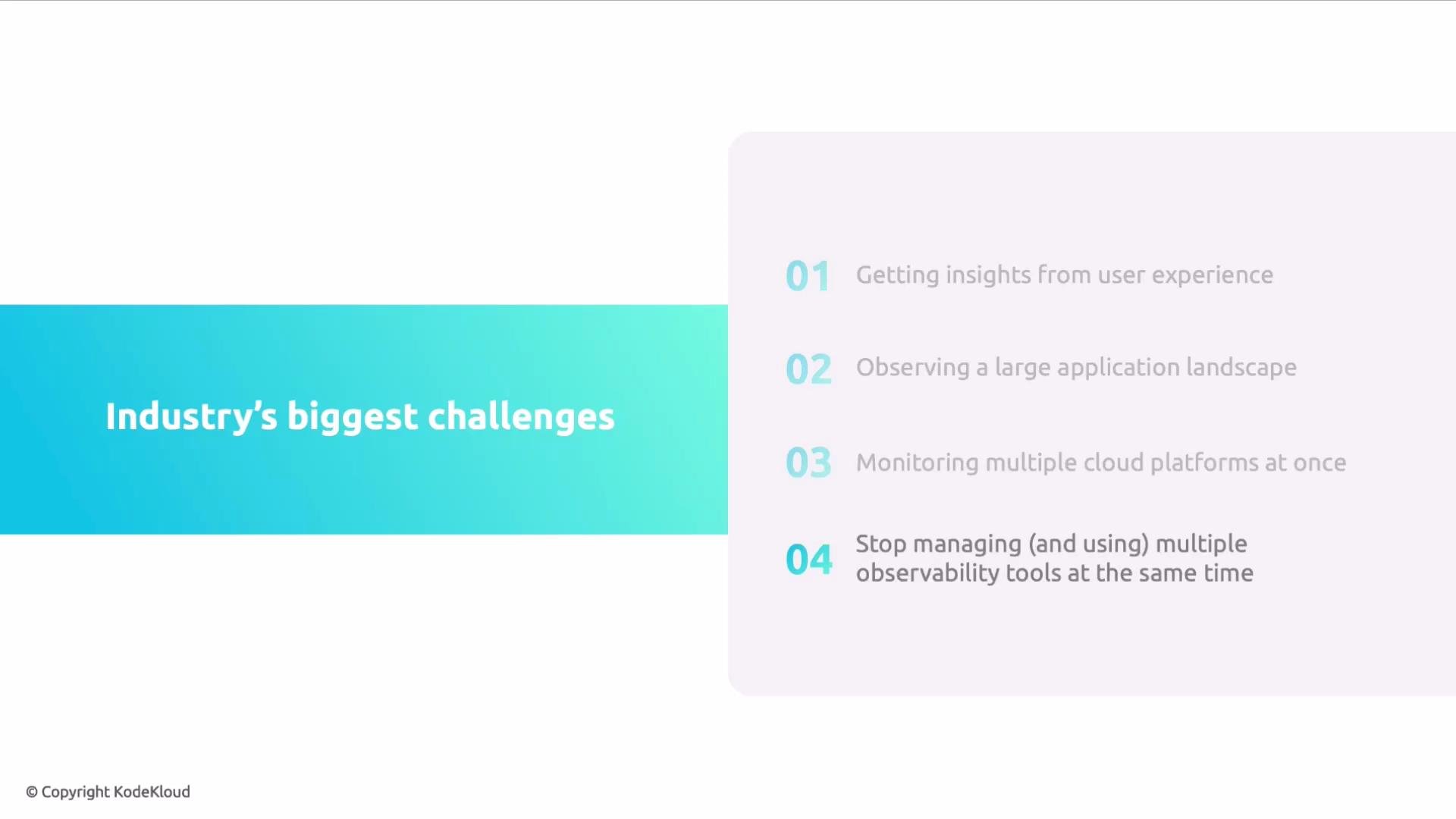 The image highlights industry's biggest challenges such as getting insights from user experience and monitoring multiple cloud platforms, listed alongside a title on a gradient background.
