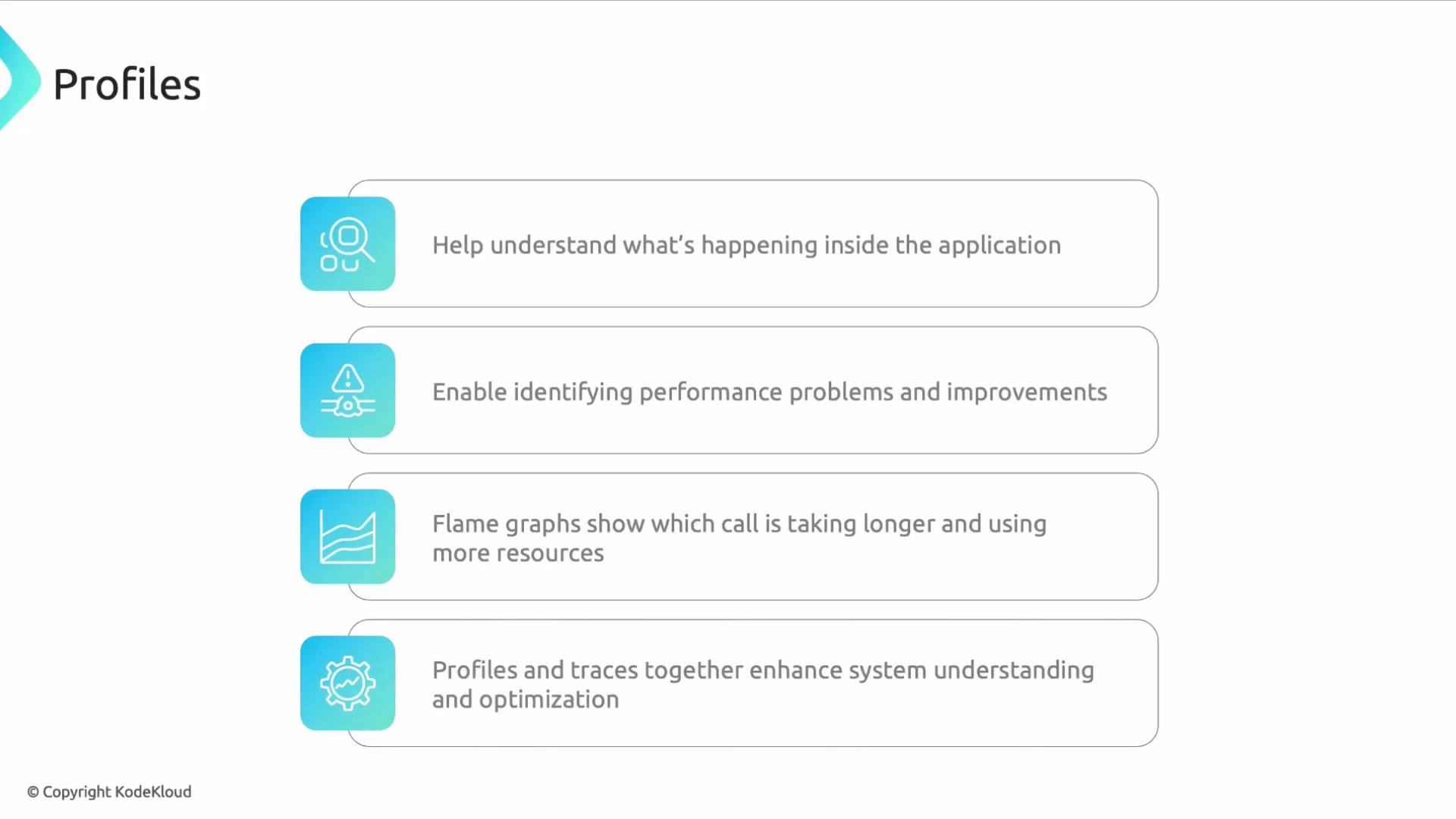 The image is an infographic titled "Profiles" with icons and text explaining features like understanding application processes, identifying performance problems, using flame graphs, and enhancing system optimization.
