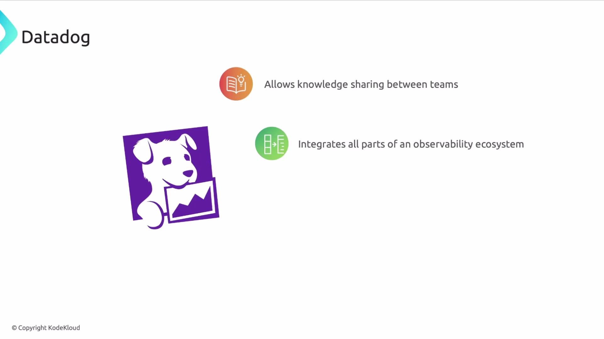 The image features the Datadog logo and highlights two benefits: allowing knowledge sharing between teams and integrating all parts of an observability ecosystem.