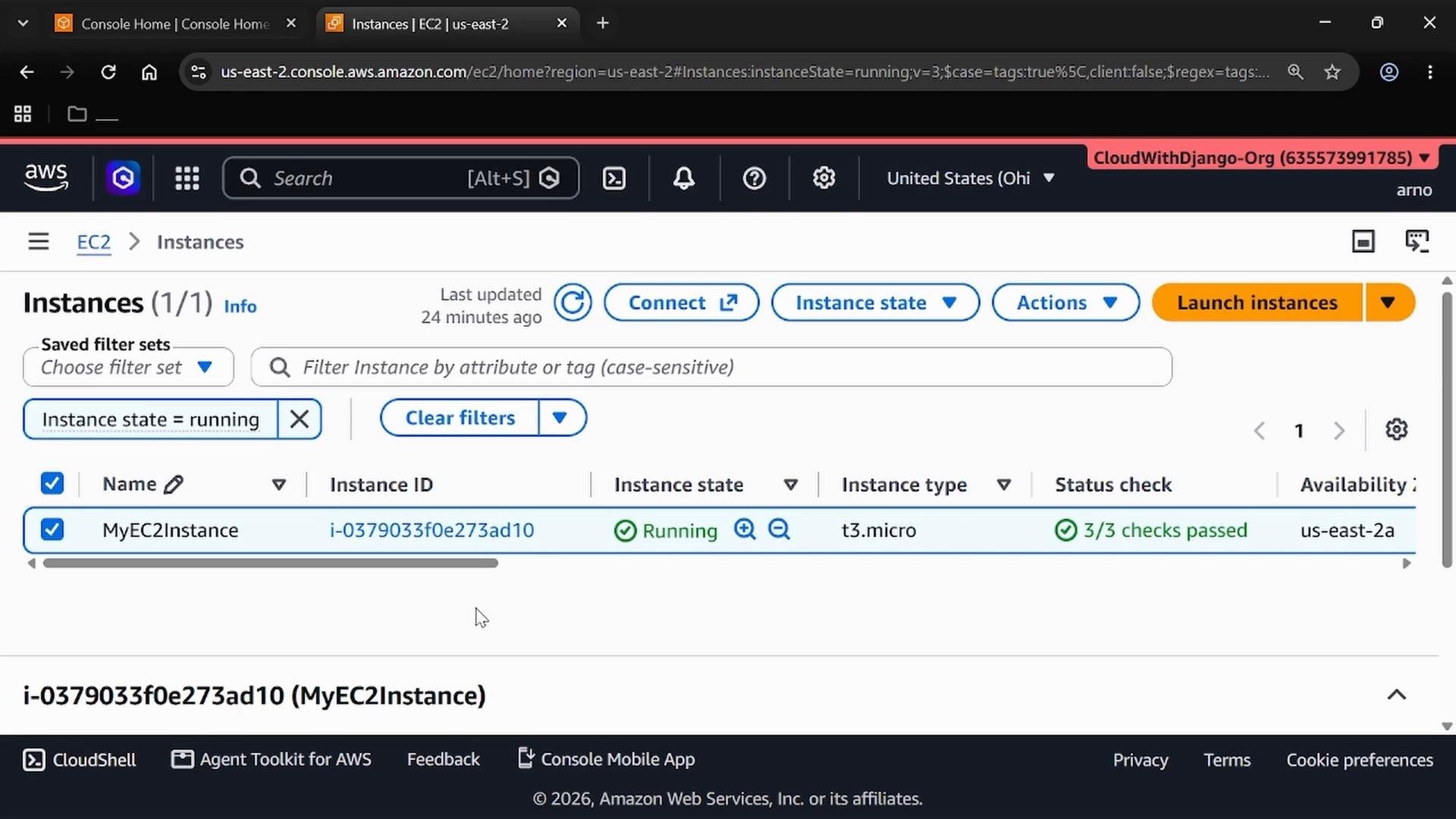 A screenshot of the AWS EC2 Instances console showing one running instance named "MyEC2Instance" (i-0379033f0e273ad10), type t3.micro, with 3/3 status checks passed in us-east-2a. The top toolbar shows buttons like Connect, Instance state, Actions and Launch instances.