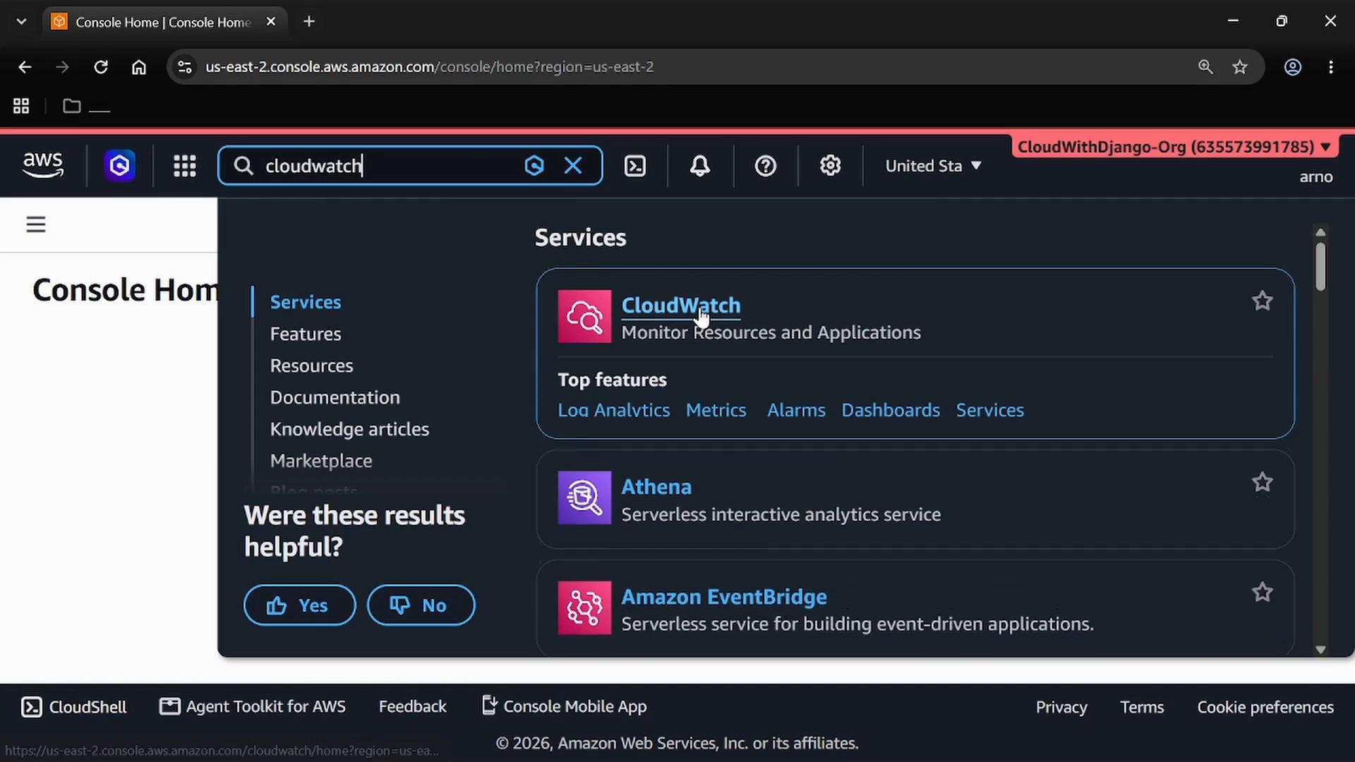 A screenshot of the AWS Management Console showing search results for "CloudWatch," with the CloudWatch service highlighted and other services like Athena and Amazon EventBridge listed. The page includes the Services sidebar and footer links such as CloudShell and Console Mobile App.