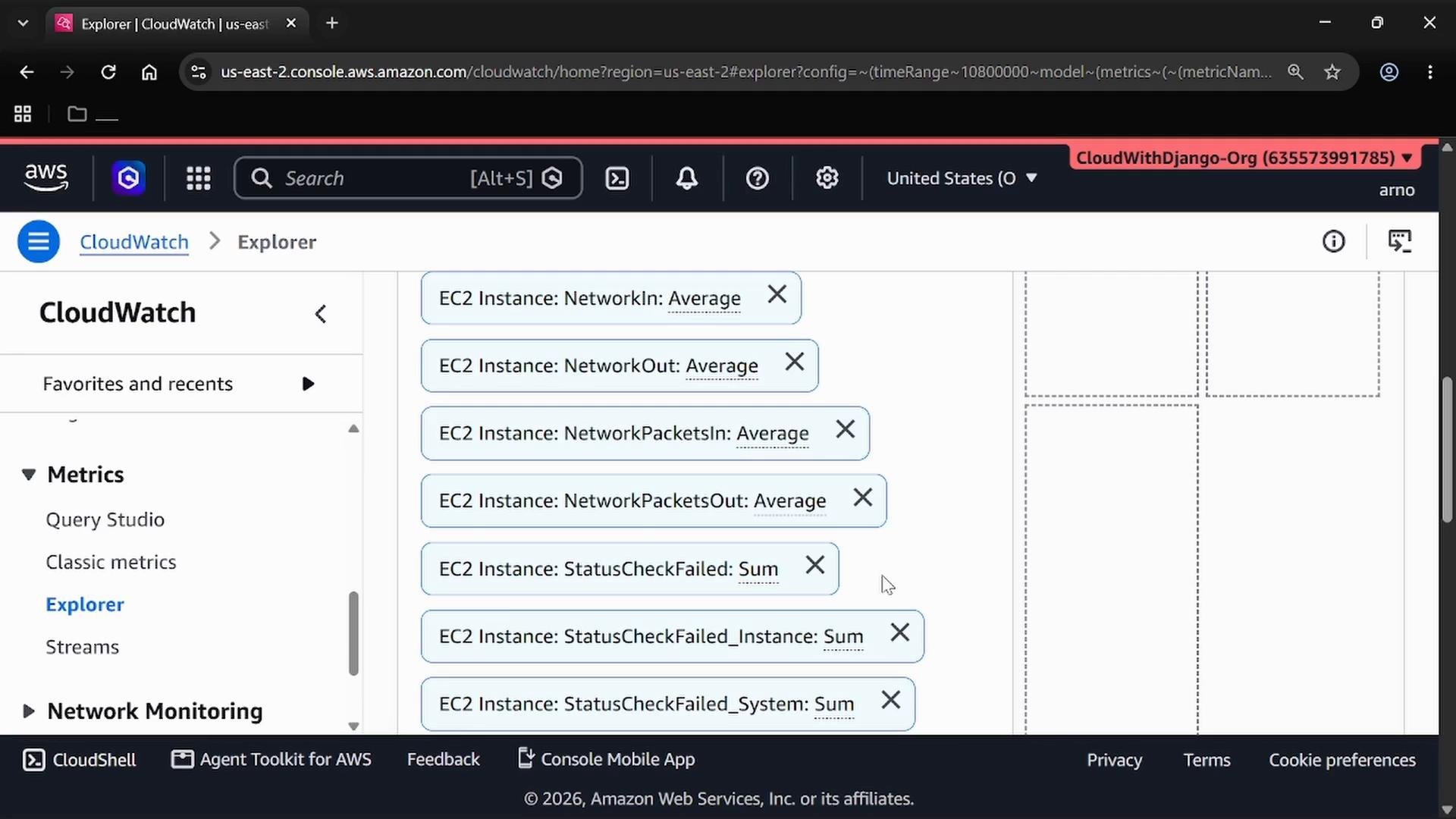 A screenshot of the AWS CloudWatch Explorer interface showing selected EC2 instance metrics (NetworkIn, NetworkOut, NetworkPacketsIn/Out, StatusCheckFailed, etc.) listed in the metrics panel. The left sidebar shows CloudWatch navigation items like Metrics and Network Monitoring.