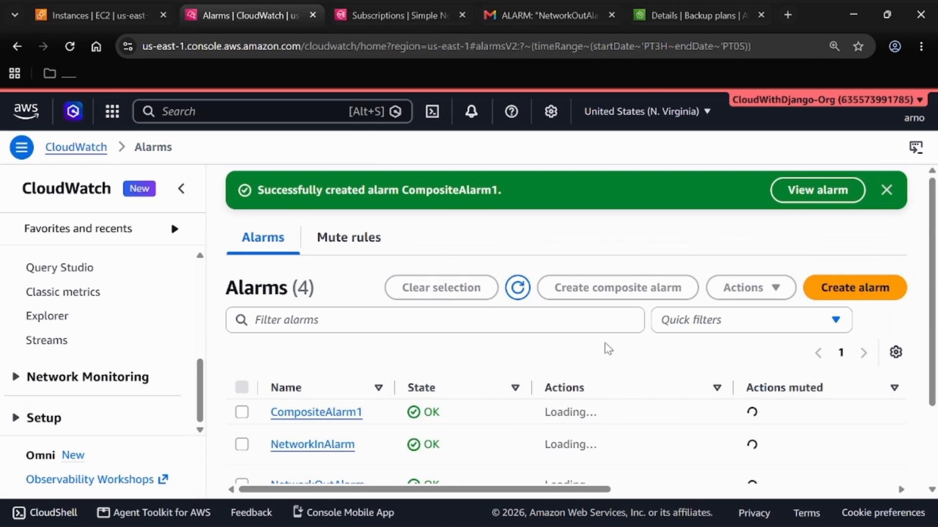A screenshot of the AWS CloudWatch Alarms console showing a green banner that says "Successfully created alarm CompositeAlarm1" and a list of alarms (e.g., CompositeAlarm1, NetworkInAlarm) with their OK states. The page includes buttons for creating alarms, actions, and filtering.