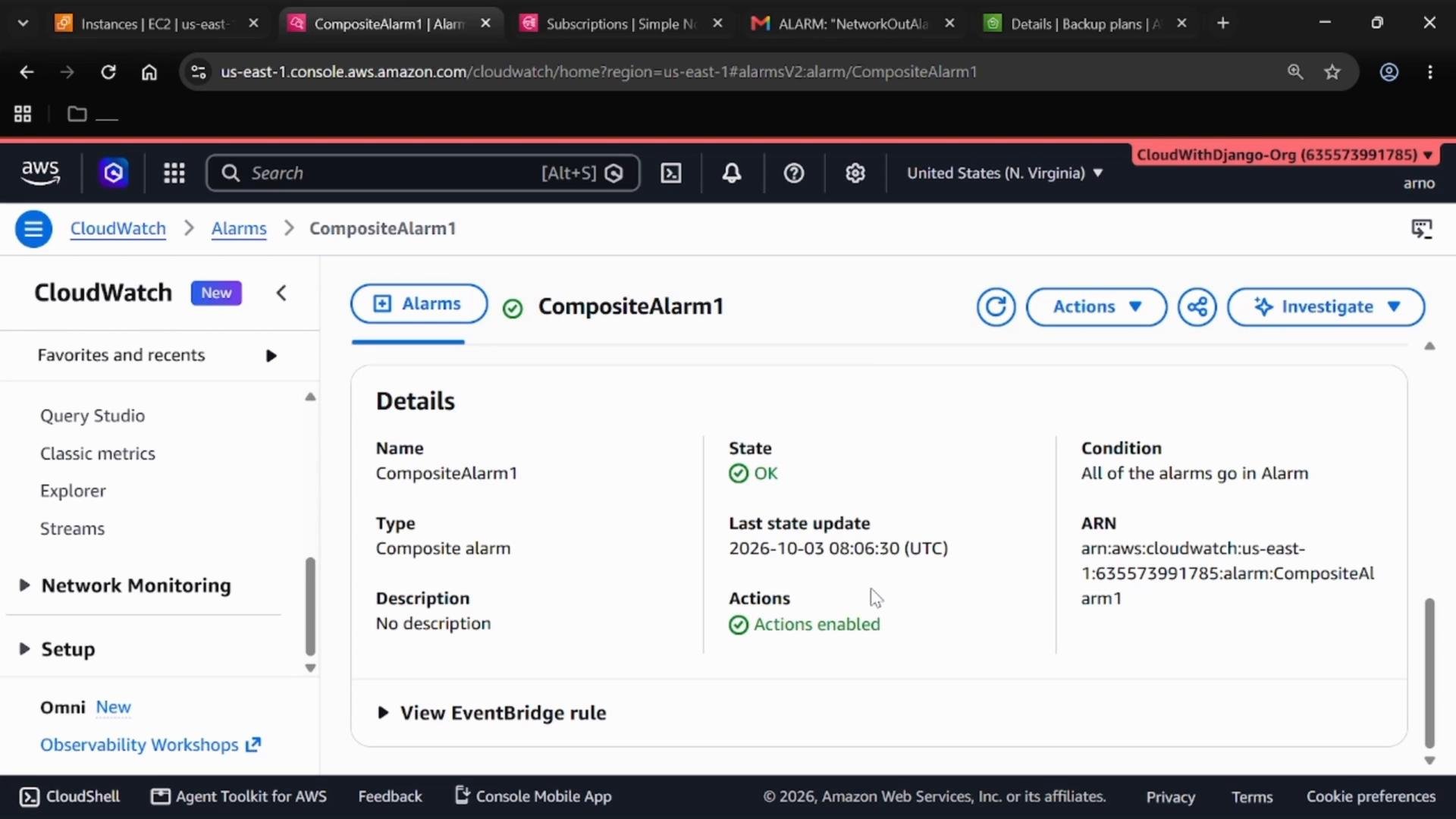 A screenshot of the AWS CloudWatch console showing the "CompositeAlarm1" alarm details page, including its state (OK), last state update, and ARN. The left sidebar with CloudWatch navigation and top browser tabs are also visible.