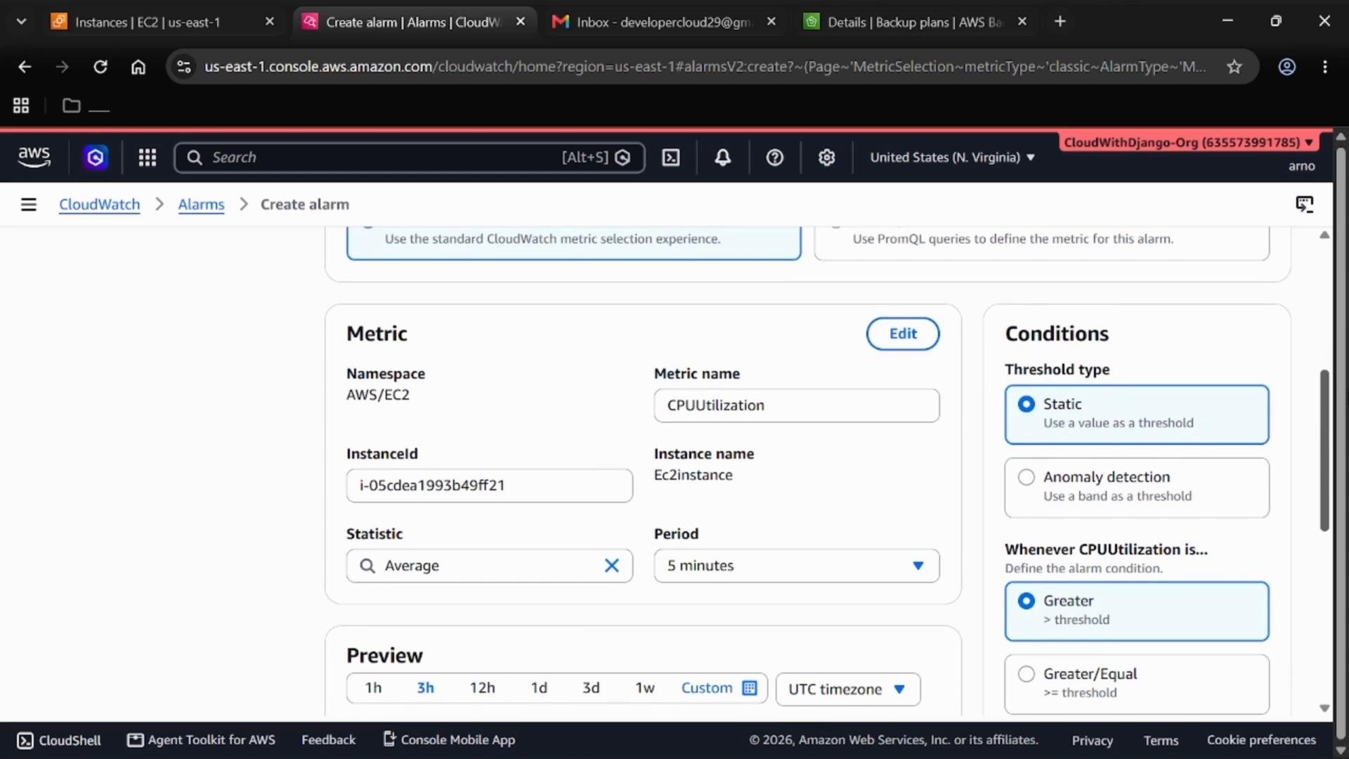 A screenshot of the AWS CloudWatch "Create alarm" page showing the Metric panel for an EC2 instance (Namespace: AWS/EC2, Metric name: CPUUtilization) and the Conditions section with threshold options (Static vs Anomaly detection). The interface also shows instance details, a 5-minute period selection, and a preview area.