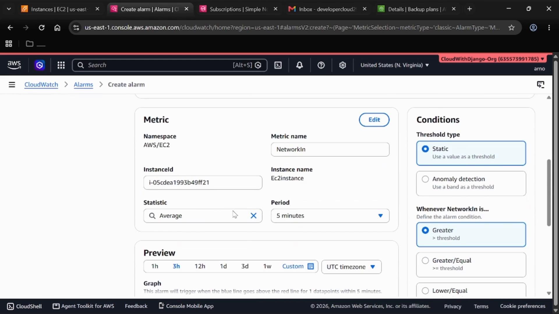 A screenshot of the AWS CloudWatch "Create alarm" console showing the Metric and Conditions panels. It displays settings for an EC2 metric (NetworkIn) including instance ID, statistic (Average), period, and threshold type (Static/Anomaly detection).
