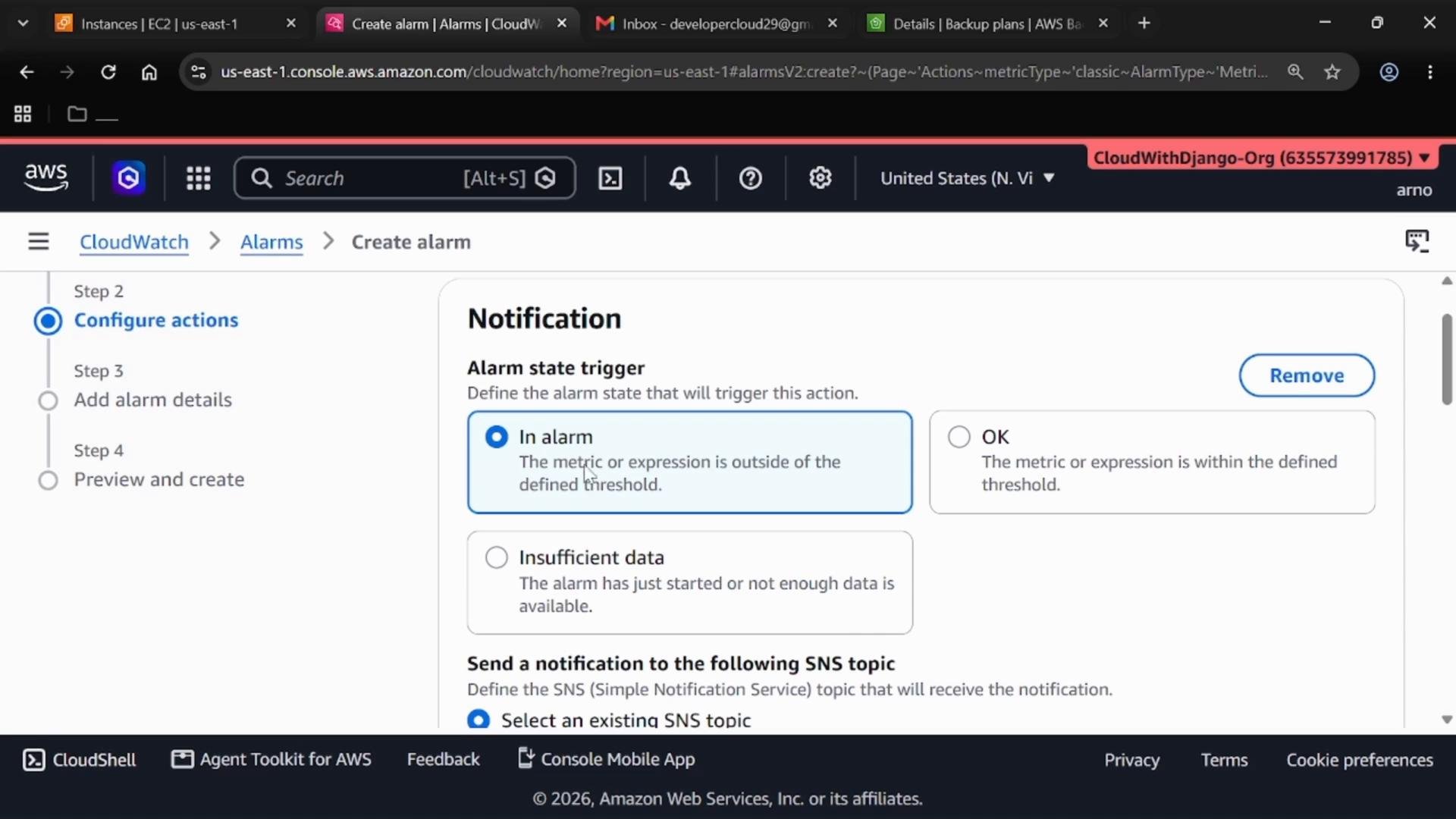 A screenshot of the AWS CloudWatch "Create alarm" page showing the Notification configuration, with options for alarm state triggers ("In alarm", "OK", "Insufficient data"). The left sidebar shows the setup steps (Configure actions, Add alarm details, Preview and create).