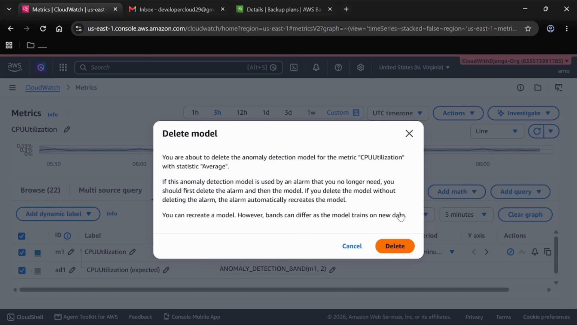 A screenshot of the AWS CloudWatch Metrics console showing a "Delete model" confirmation dialog warning about deleting the anomaly detection model for the "CPUUtilization" metric. The dialog includes explanatory text and "Cancel" and "Delete" buttons over the metrics dashboard.