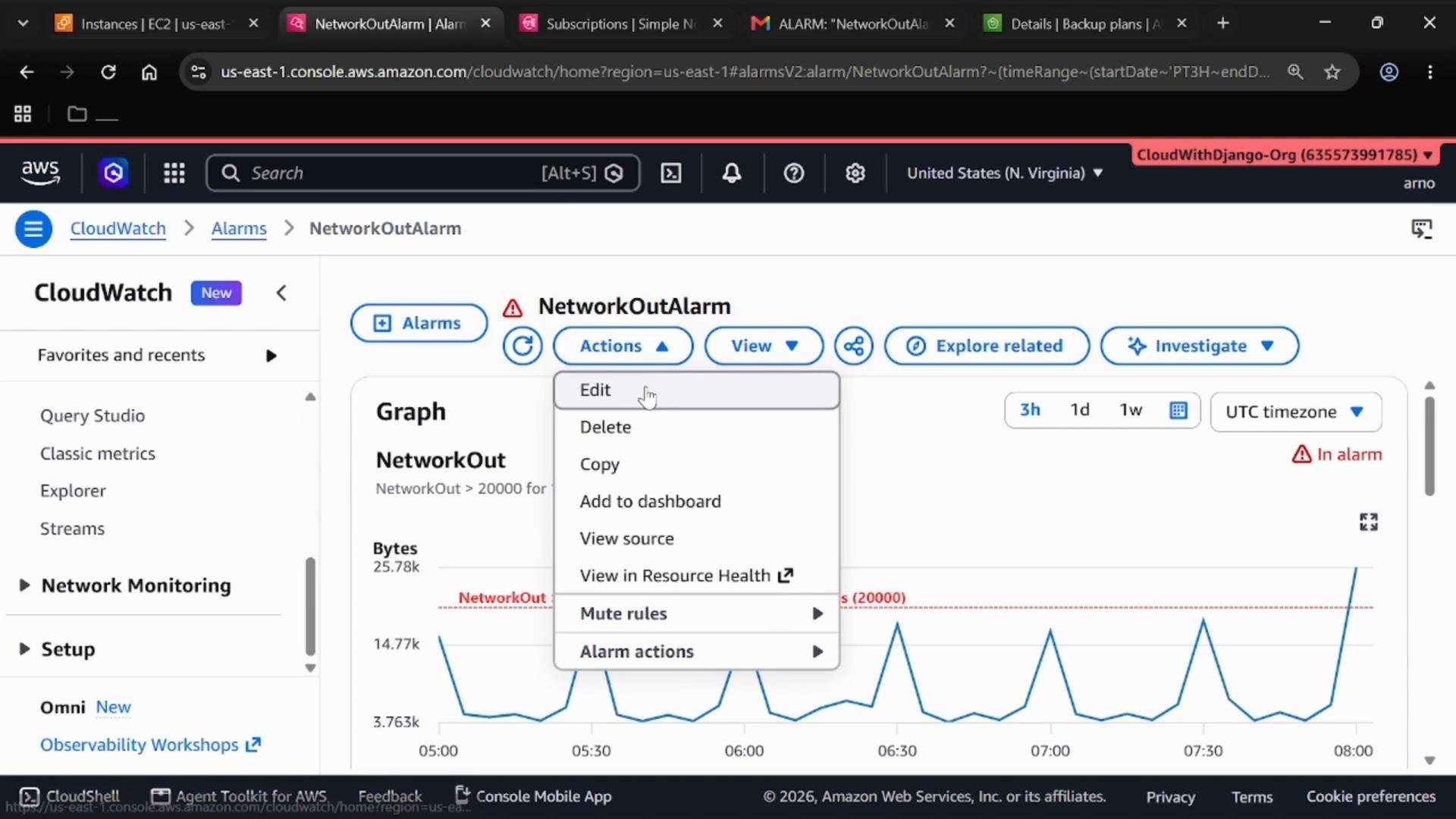 A screenshot of the AWS CloudWatch console showing a "NetworkOutAlarm" alarm page with the Actions dropdown menu open. A time-series graph of the NetworkOut metric is visible on the right with an "In alarm" indicator.