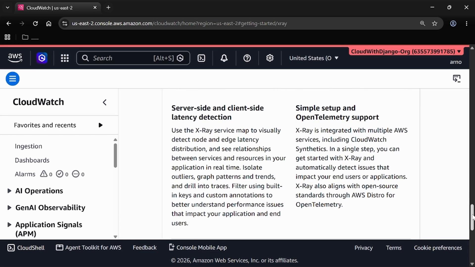A screenshot of the AWS CloudWatch web console showing the left navigation menu and a main panel describing X-Ray features. The text highlights server- and client-side latency detection and OpenTelemetry support.