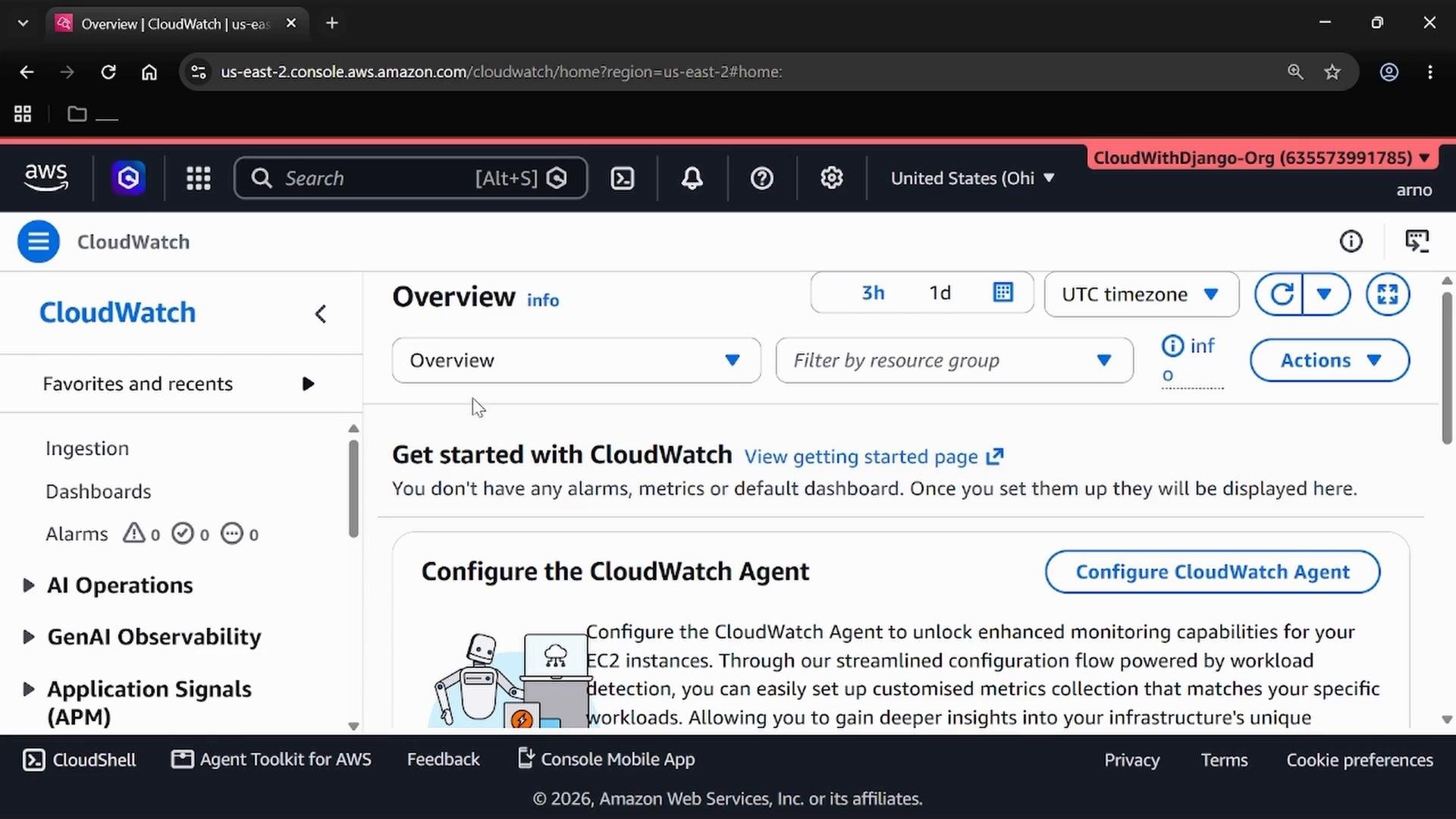 A browser screenshot of the Amazon Web Services CloudWatch console showing the Overview page. The view includes the left navigation menu, time-range and action controls across the top, and a "Get started with CloudWatch" / "Configure the CloudWatch Agent" panel in the main area.