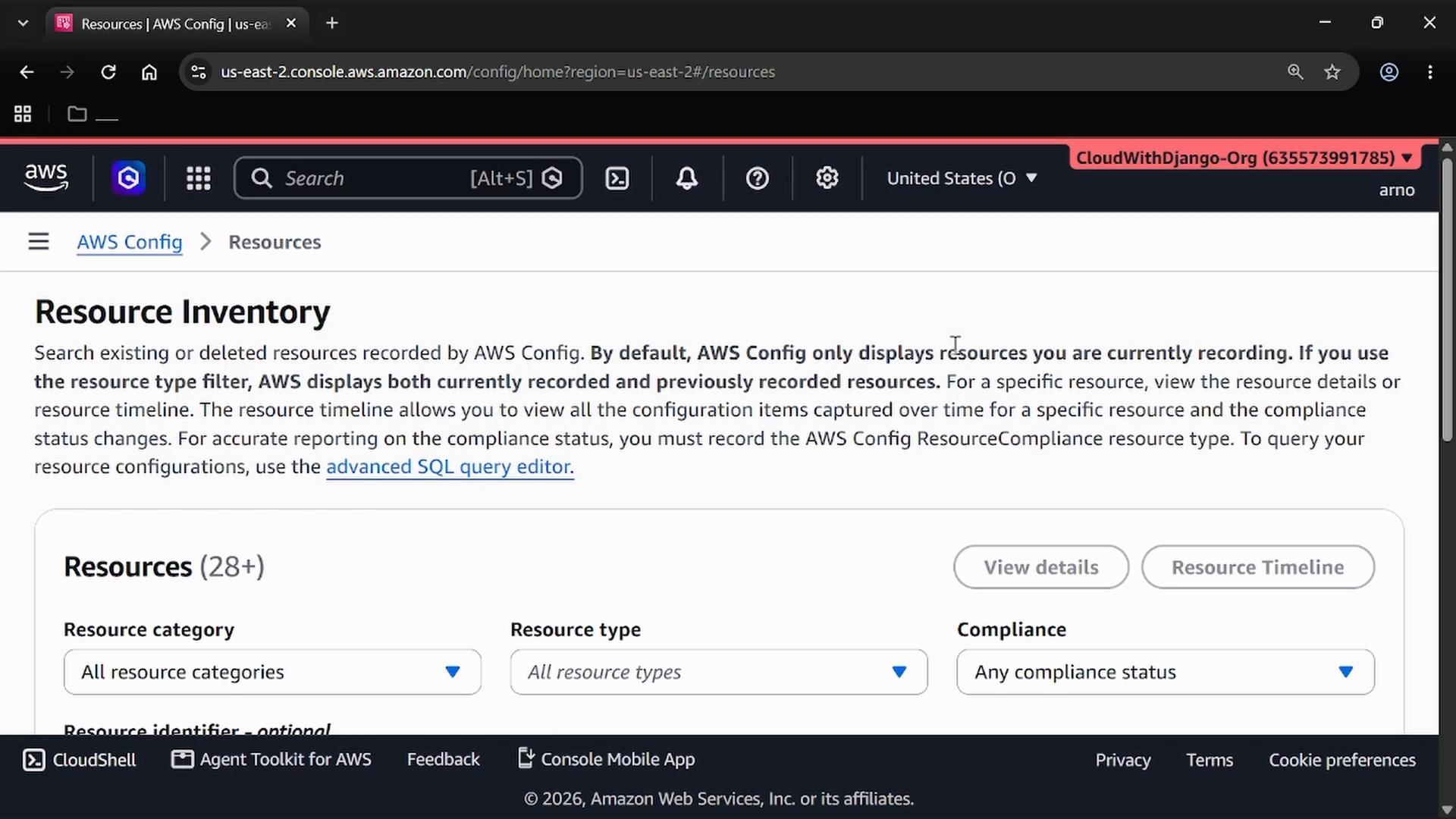A screenshot of the AWS Config console open to the "Resource Inventory" page, showing explanatory text, filters (resource category, resource type, compliance) and a "Resources (28+)" summary. The browser header and account/organization navigation are visible across the top.