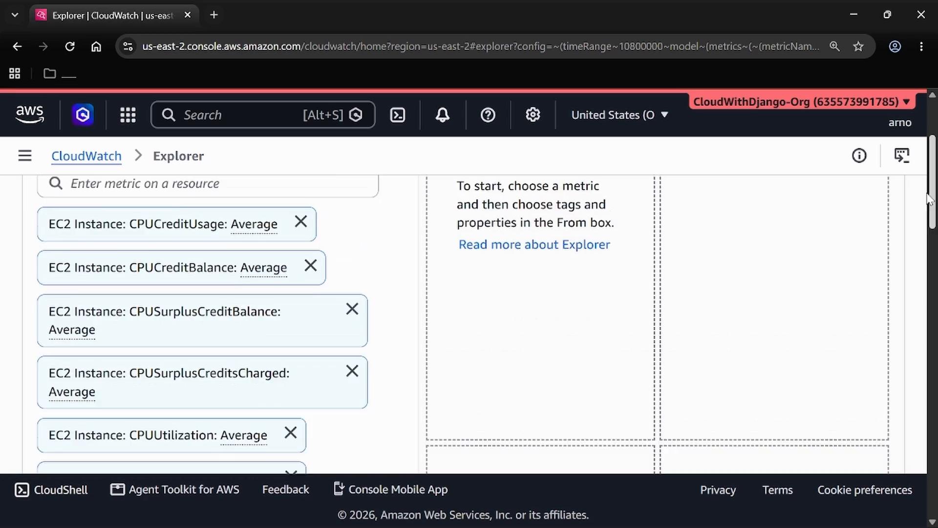 A screenshot of the AWS CloudWatch Explorer console showing selected EC2 metrics (CPUCreditUsage, CPUCreditBalance, CPUSurplusCreditBalance, CPUUtilization) listed in the left pane. The right side shows empty chart panels and instructions to choose a metric.