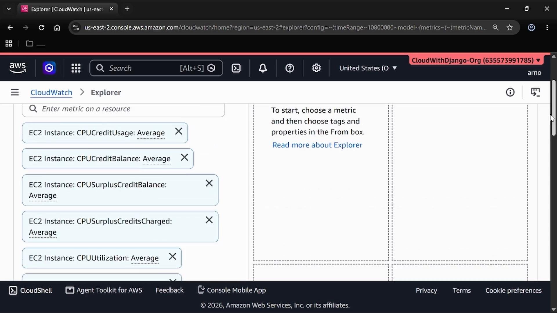 A screenshot of the AWS CloudWatch Explorer console showing selected EC2 metrics (CPUCreditUsage, CPUCreditBalance, CPUSurplusCreditBalance, CPUUtilization) listed in the left pane. The right side shows empty chart panels and instructions to choose a metric.
