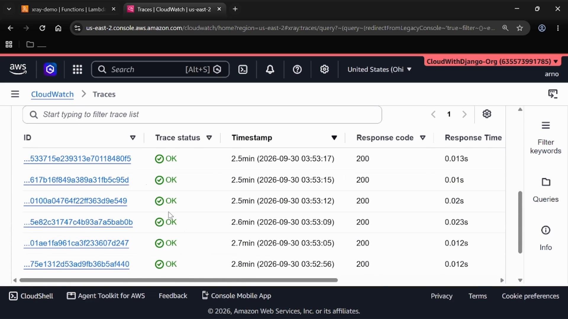 A screenshot of the AWS CloudWatch Traces console showing a list of trace IDs with status "OK", timestamps, response codes (200) and response times. The browser toolbar and AWS account/header are visible at the top.