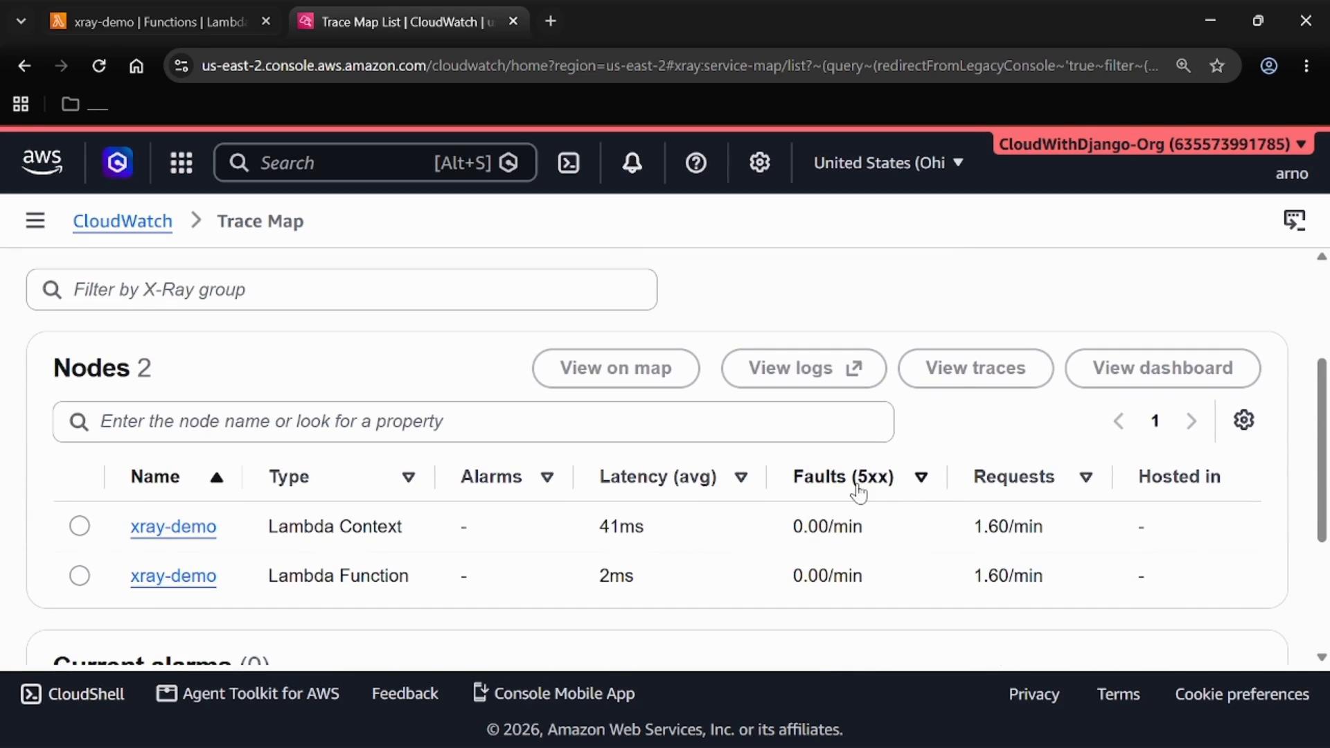 A screenshot of the AWS CloudWatch X-Ray Trace Map page showing a "Nodes" list with two "xray-demo" Lambda entries and columns for latency, faults (5xx), and request rates. The top bar shows the AWS console navigation and account info.