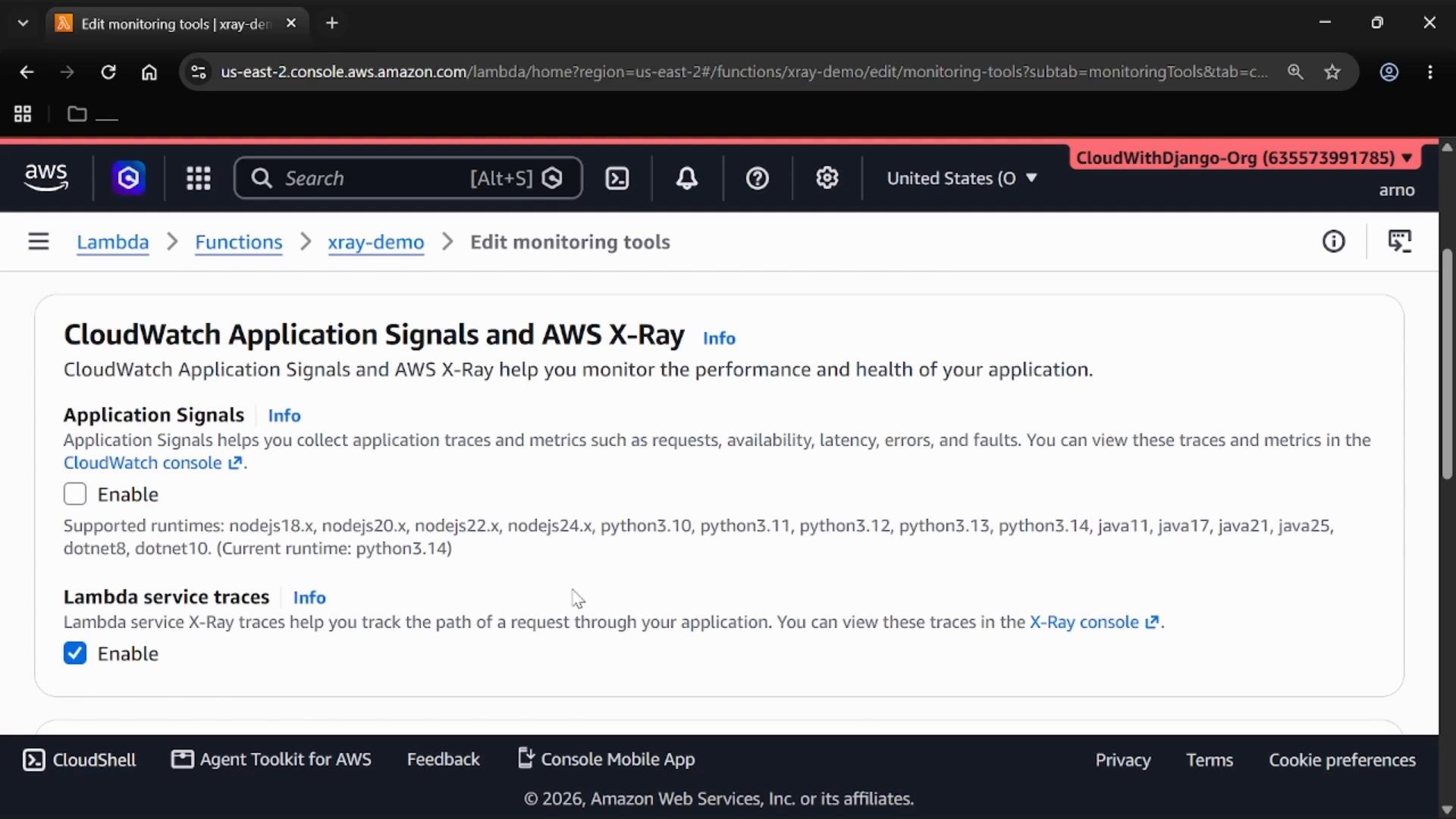 A screenshot of the AWS Lambda console showing the "CloudWatch Application Signals and AWS X‑Ray" monitoring tools page for a function, with "Application Signals" unchecked and "Lambda service traces" enabled. The page also lists supported runtimes and includes the AWS header and navigation elements.