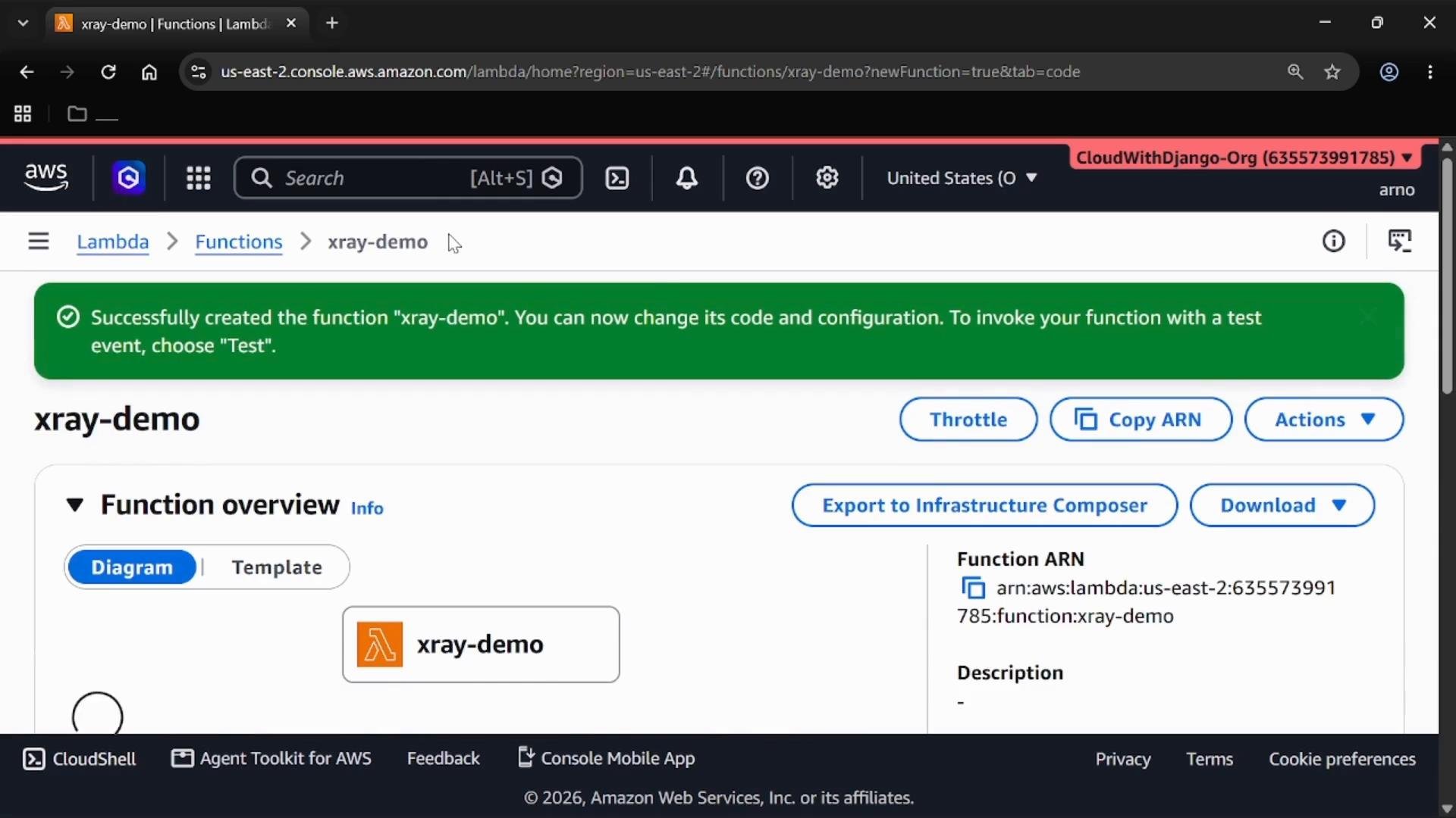 A screenshot of the AWS Lambda console showing a green success banner confirming the newly created "xray-demo" function. The Function overview panel is visible with buttons like Copy ARN, Actions, and Export to Infrastructure Composer.