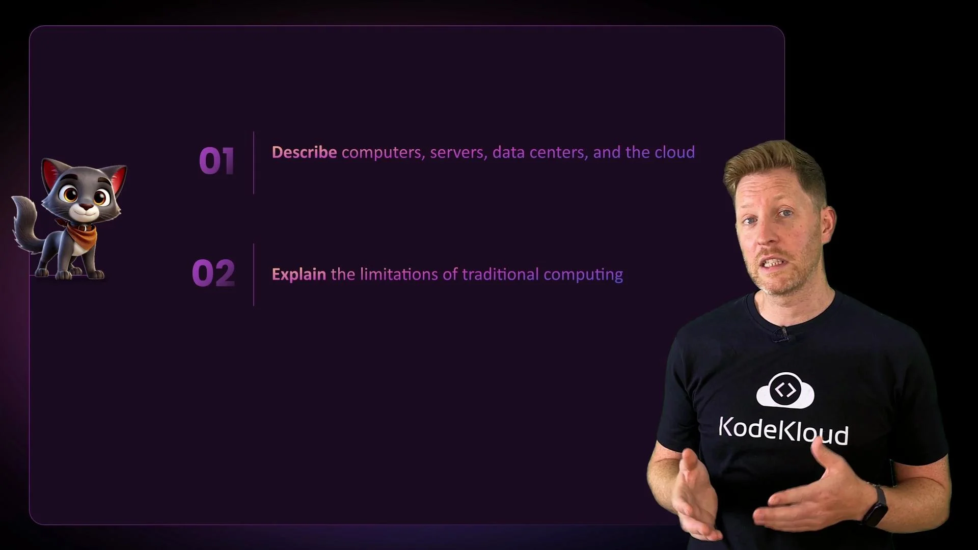 A person wearing a "KodeKloud" shirt is presenting next to a slide with cartoon cat imagery and text outlining points about computers, servers, data centers, and cloud computing.