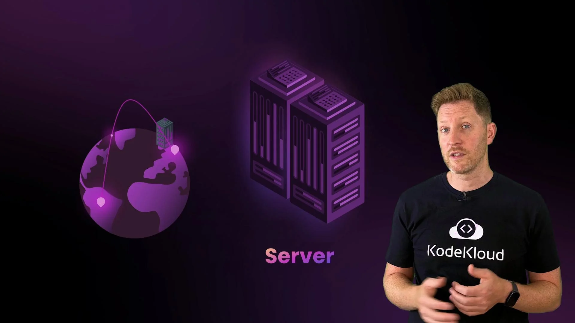 The image shows a person wearing a KodeKloud shirt in front of a graphic of the Earth with data connections and a server rack labeled "Server."