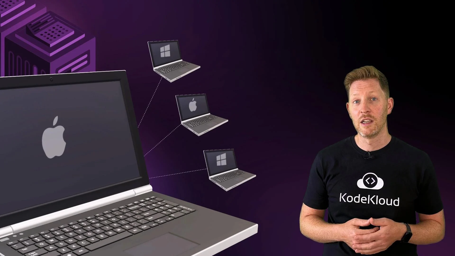 The image shows a person wearing a KodeKloud t-shirt standing in front of a graphic with laptops displaying Apple and Windows logos, all connected by dotted lines. The background features a stylized illustration of servers.