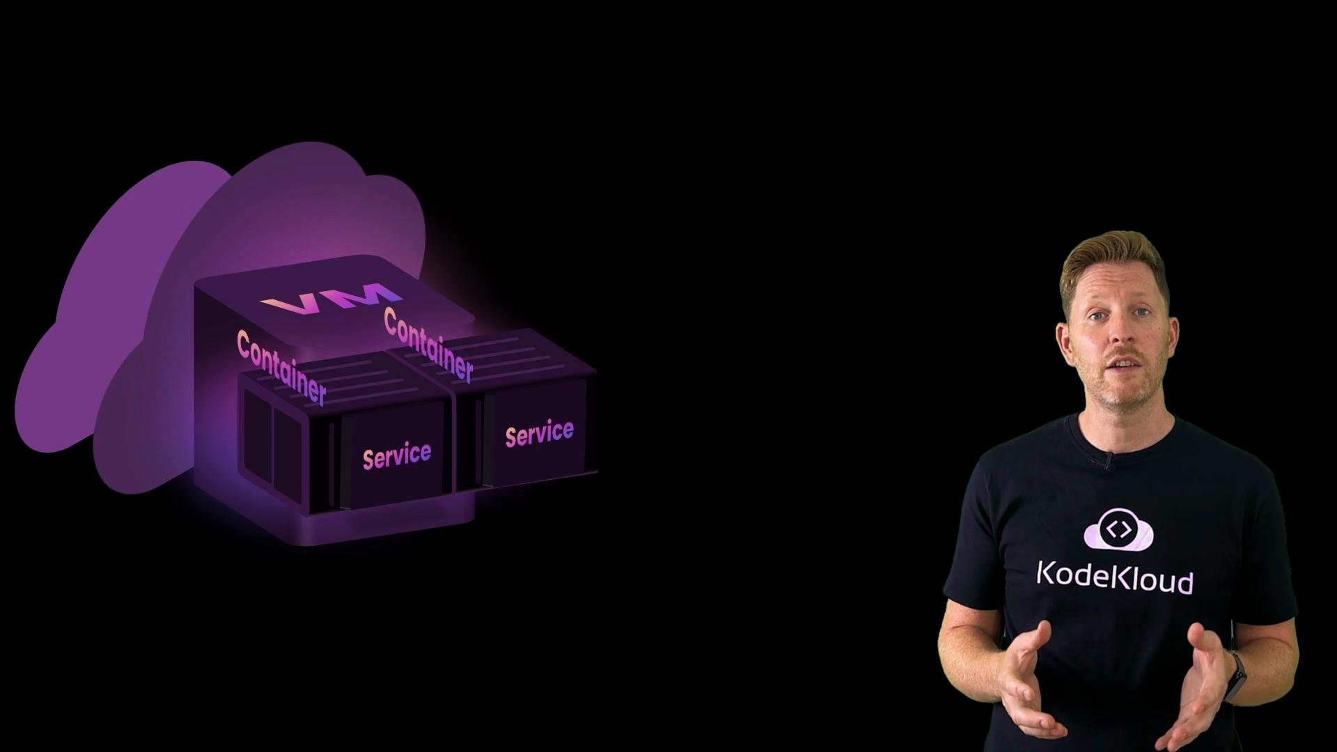 The image shows a person in a KodeKloud t-shirt standing next to a digital illustration of a cloud with labeled components like "VM," "Container," and "Service."