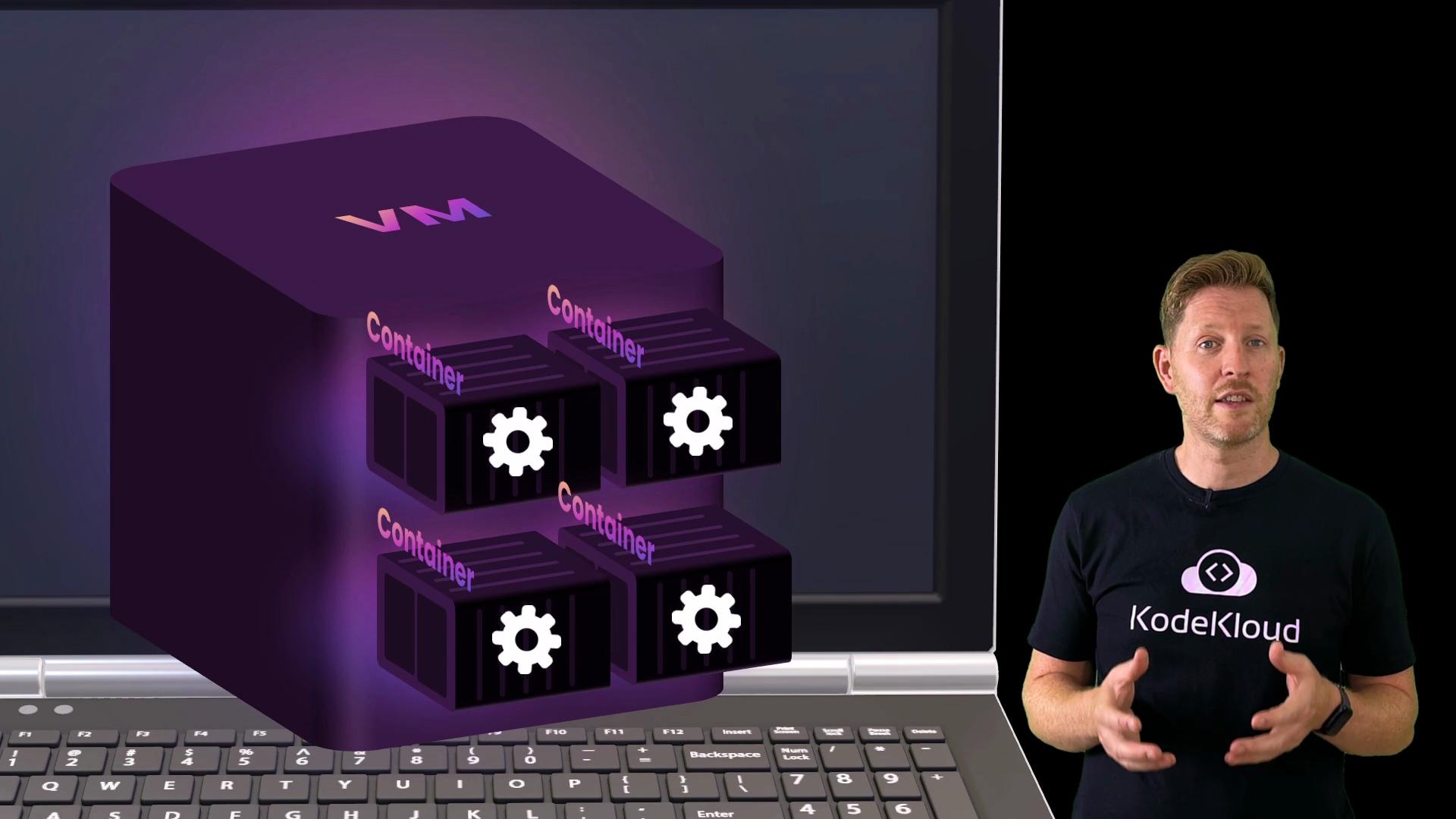 The image shows a man standing next to a virtual machine (VM) diagram containing several containers, with a focus on a laptop screen in the background. The person is wearing a "KodeKloud" t-shirt and appears to be explaining the concept.