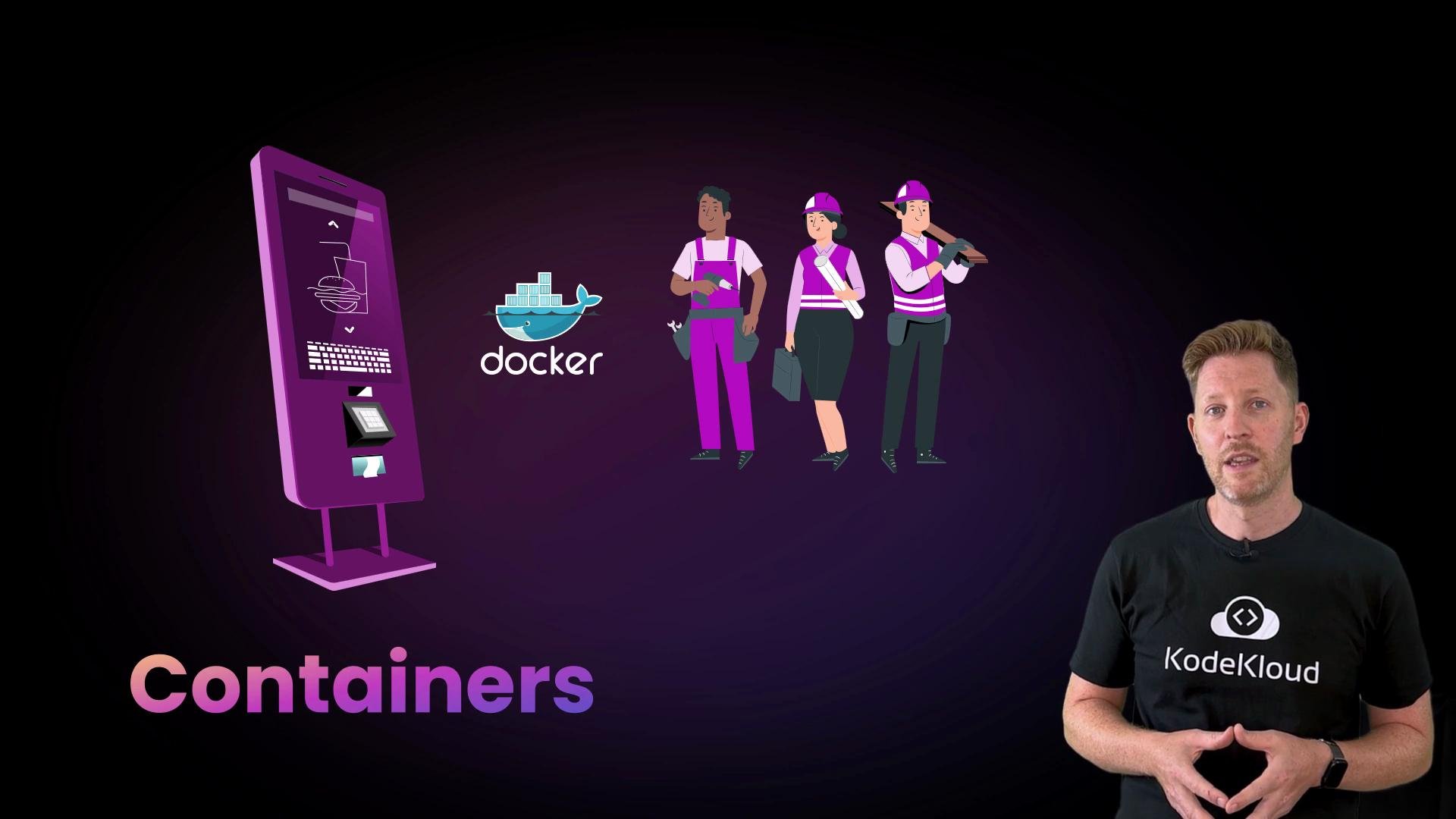 The image features a person standing next to illustrations of workers, a kiosk, and the Docker logo, with the word "Containers" at the bottom.