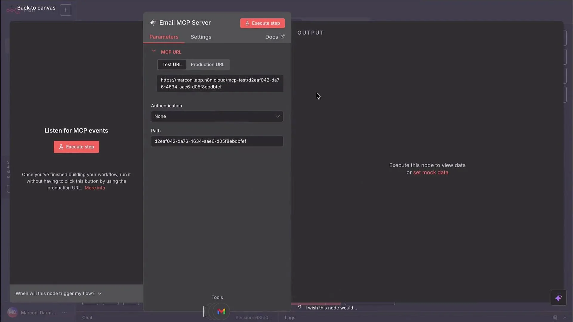 The image shows a software interface for setting up an Email MCP Server with options for MCP URL, authentication, and path, and a button to execute a test step. The output section is currently empty, prompting to execute the node or set mock data.