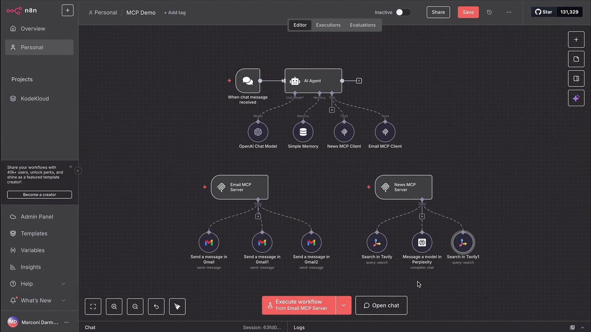 The image shows a workflow editor interface in n8n, featuring nodes connected to create automation processes. It includes tools like an AI Agent, OpenAI Chat Model, and various MCP clients and servers.