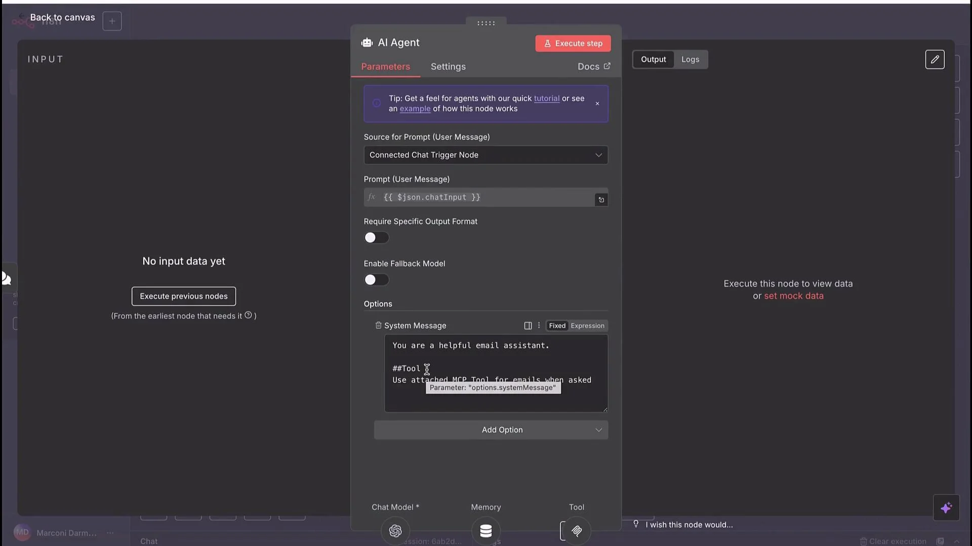 The image shows a user interface of an AI tool configuration panel, with settings for an AI agent, including a section for parameters and options. There are input data fields, a system message configuration, and an option to execute or view data.