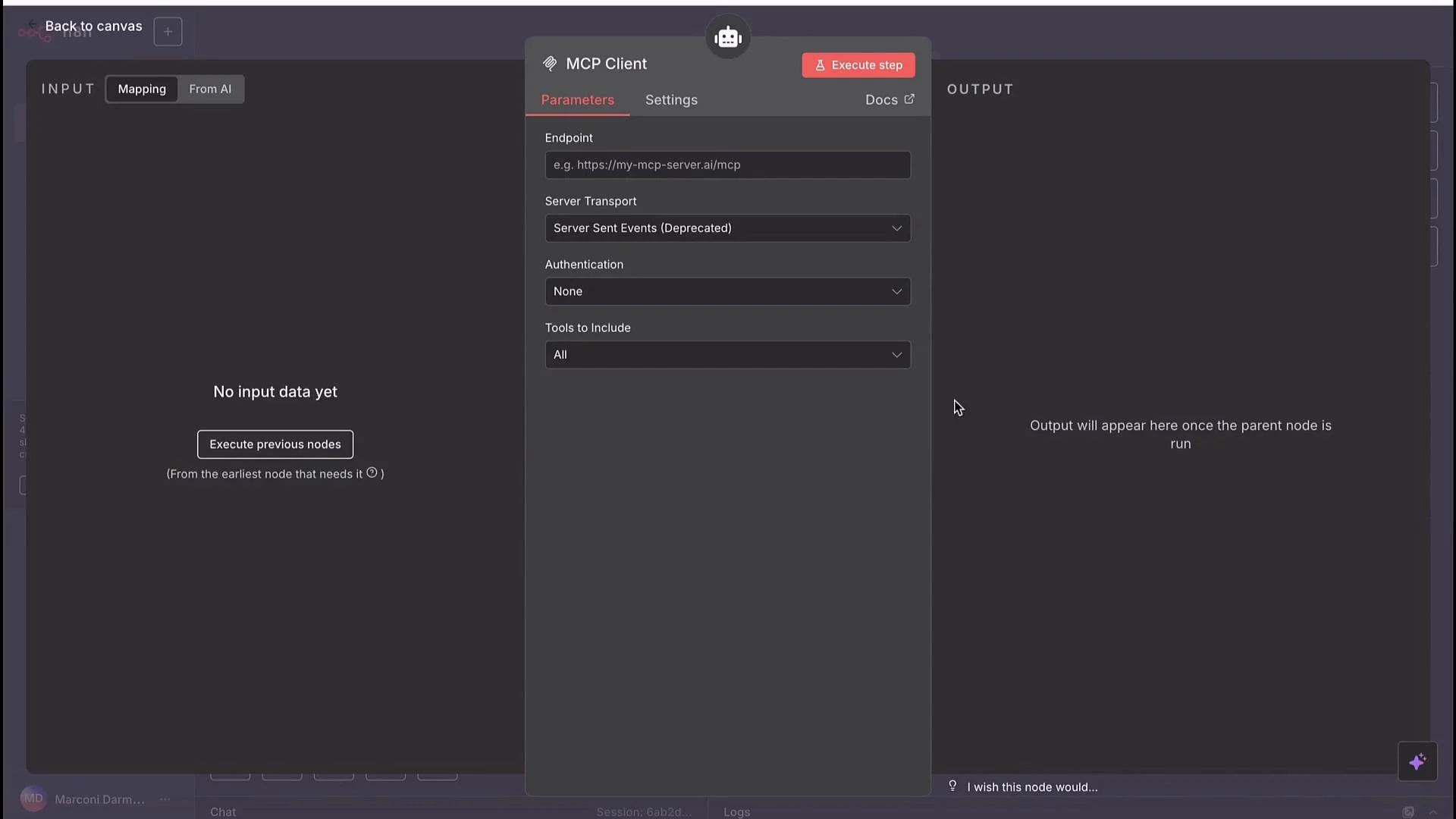 The image shows a software interface for "MCP Client" with settings for parameters such as endpoint, server transport, authentication, and tools to include. The interface is divided into sections labeled "INPUT" and "OUTPUT."